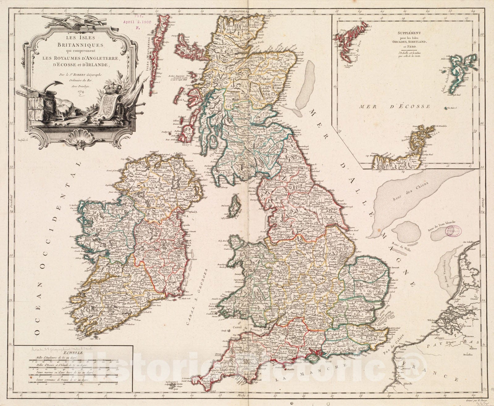 Historical Map, 1754 Les Isles Britanniques : qui comprennent les Royaumes d'Angleterre, d'Ecosse et d'Irlande, Vintage Wall Art