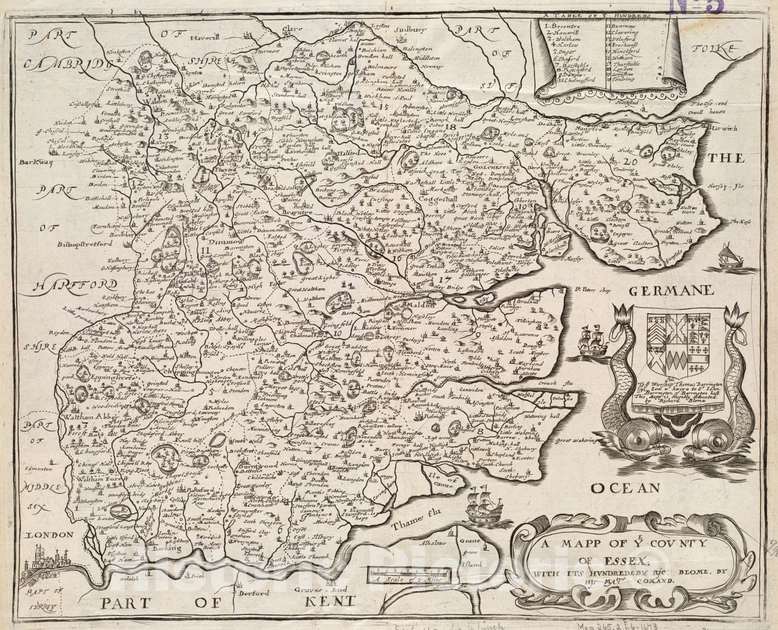 Historical Map, 1673 A mapp of ye county of Essex : with its hundreds, Vintage Wall Art