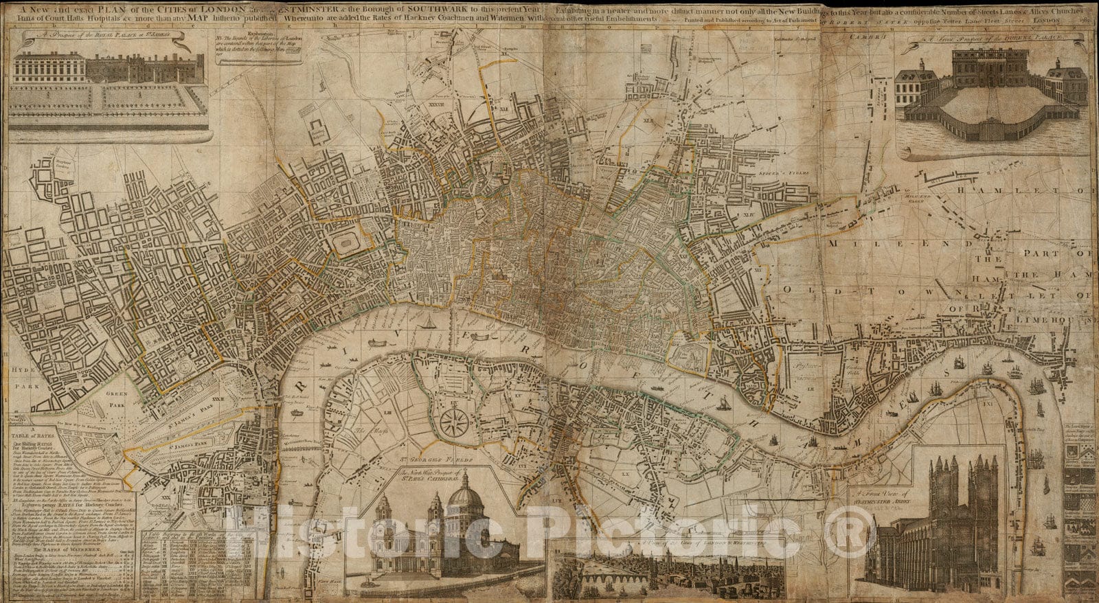 Historical Map, 1782 A New and Exact Plan of The Cities of London and Westminster & The Borough of Southwark to This Present Year, Vintage Wall Art