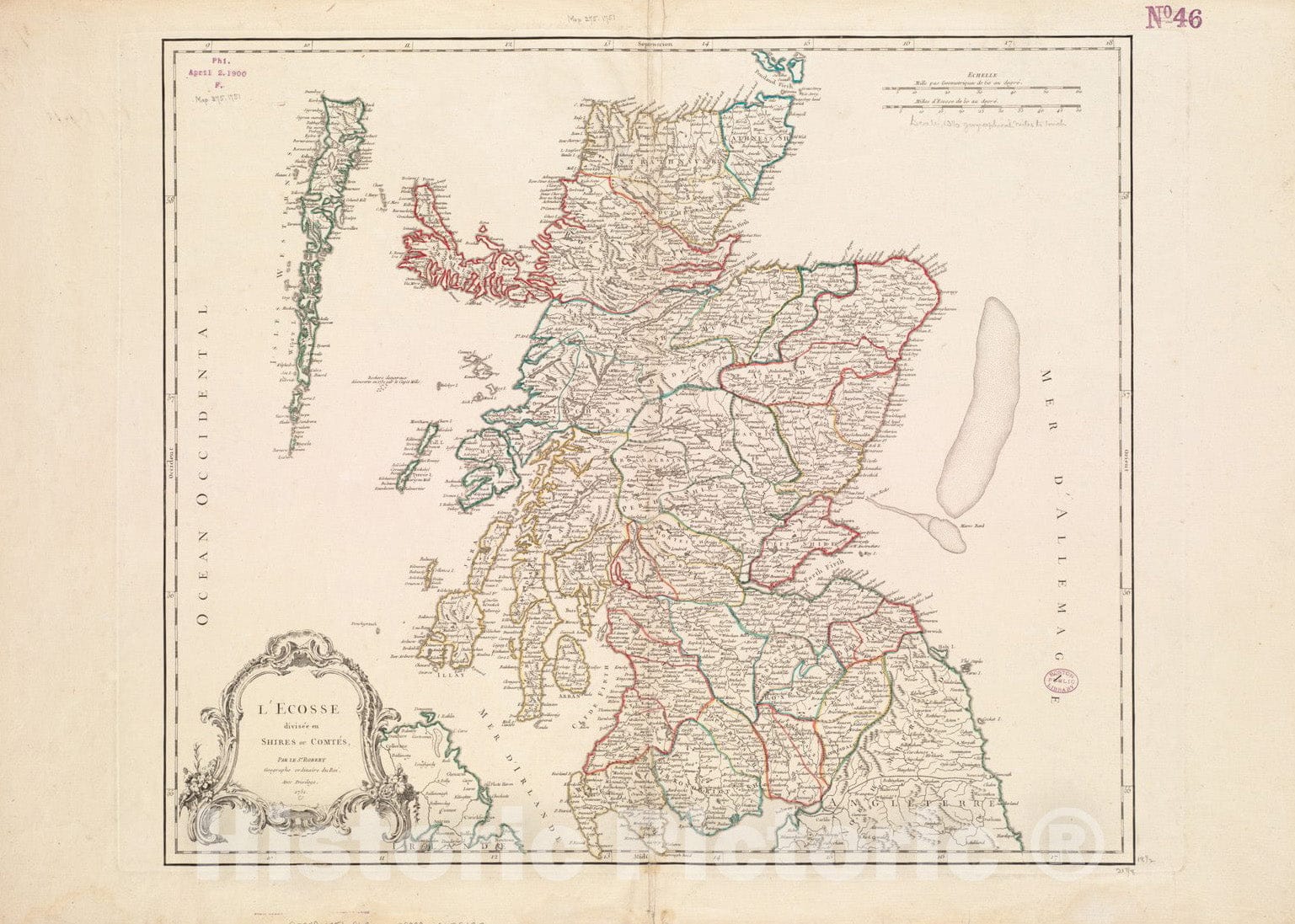 Historical Map, 1751 L'Ecosse divisee en Shires ou comtes, Vintage Wall Art