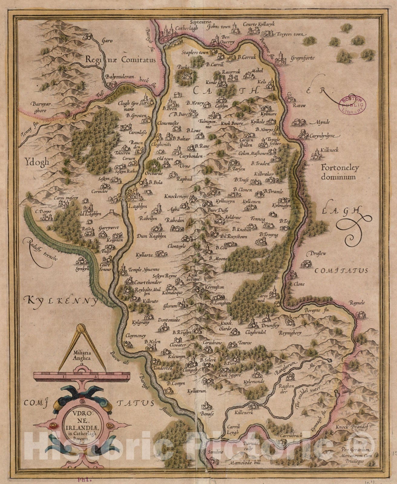 Historical Map, 1628-1633 Vdrone Irlandia in Catherlagh Baronia, Vintage Wall Art
