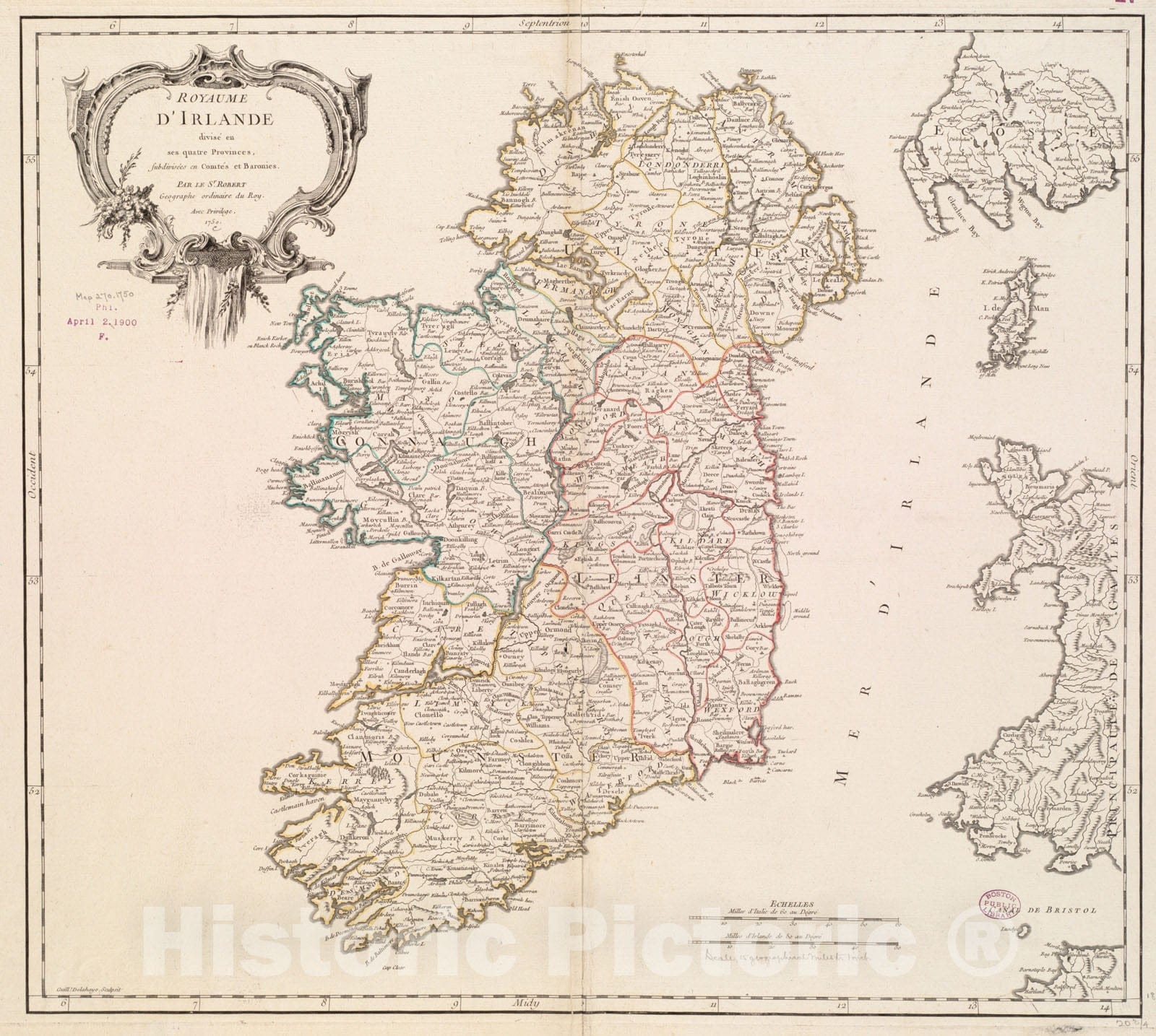 Historical Map, 1750 Royaume d'Irlande : divise en SES Quatre Provinces et subdivise en comtes, Vintage Wall Art