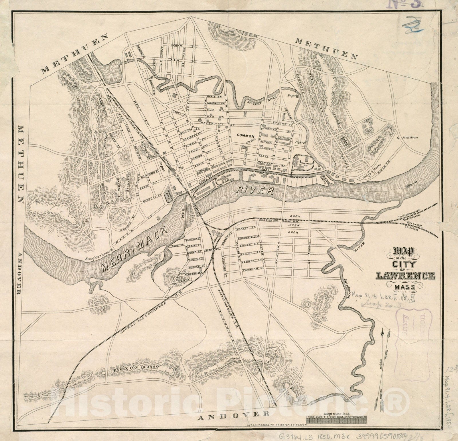 Historical Map, 1850-1859 Map of the city of Lawrence Mass, Vintage Wall Art