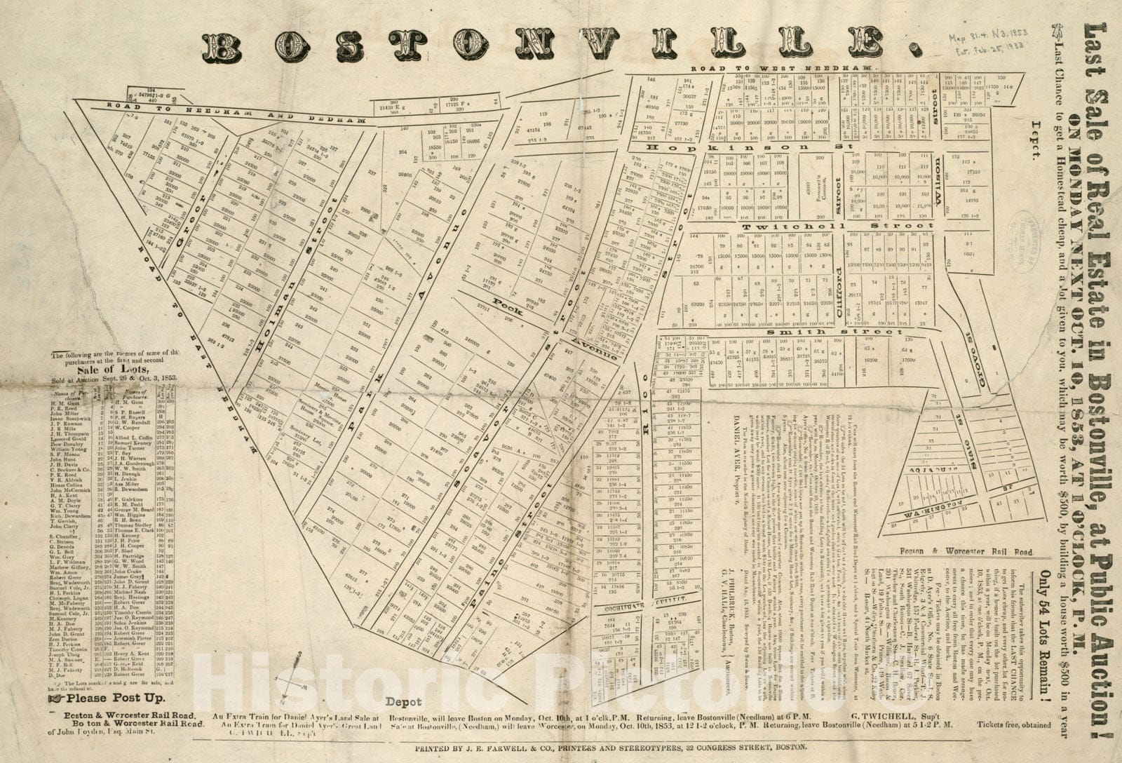 Historical Map, Last sale of real estate in Bostonville, at public auction : on Monday next Oct. 10, 1853, at 1 o'clock, p.m, Vintage Wall Art