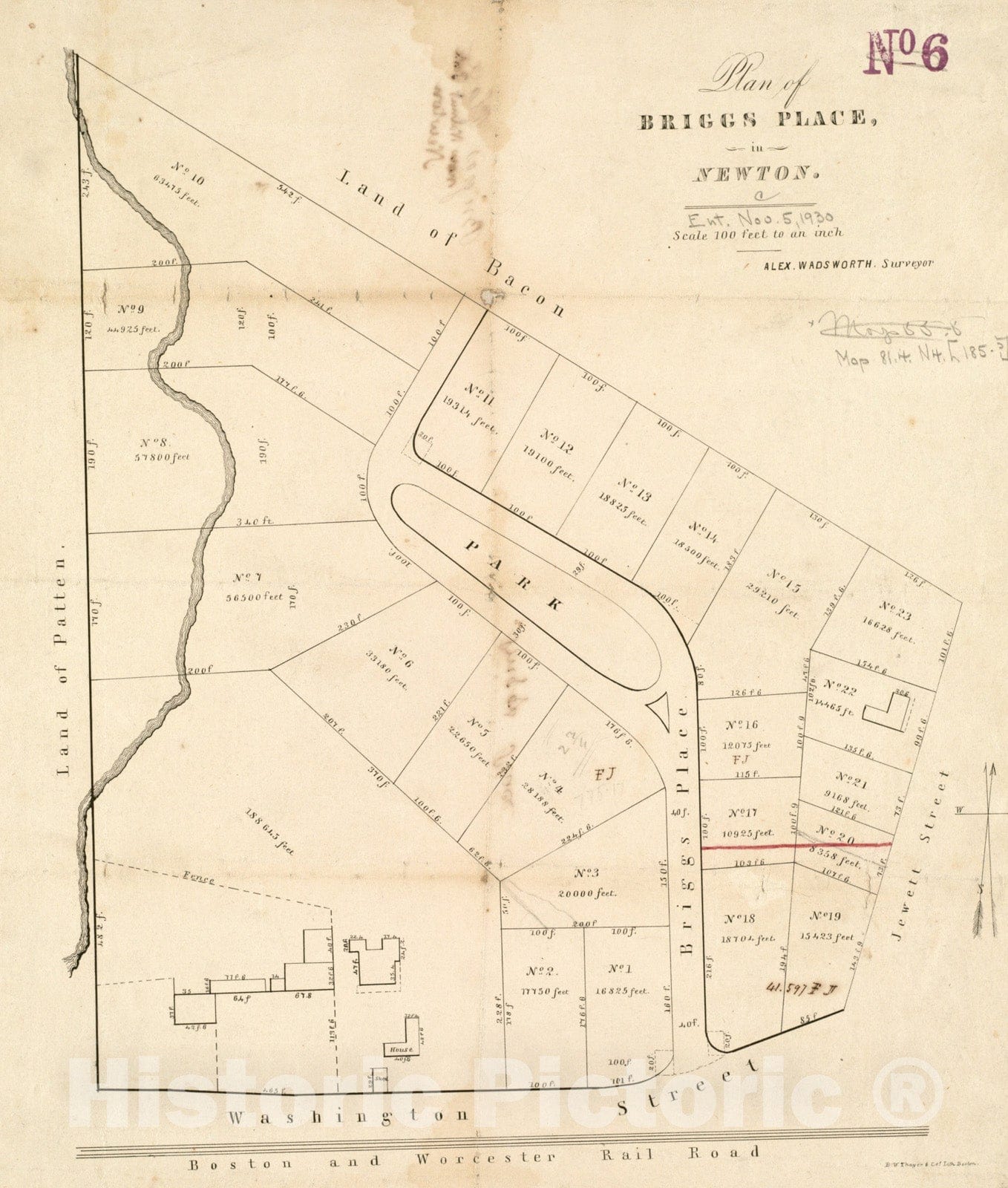 Historical Map, 1850-1859 Plan of Briggs Place, in Newton, Vintage Wall Art