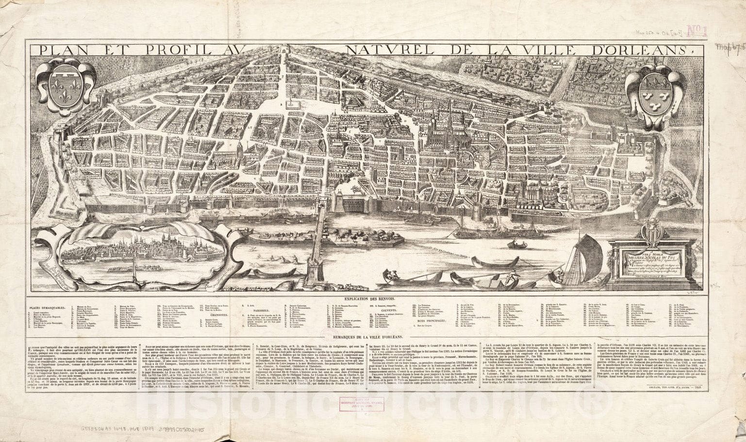 Historical Map, 1849 Plan et profil au Naturel de la Ville d'Orleans, Vintage Wall Art