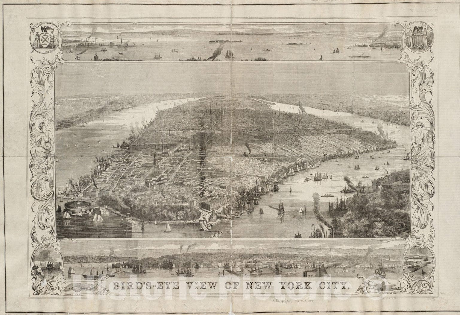 Historical Map, 1854 Bird's-Eye View of New York City, Vintage Wall Art
