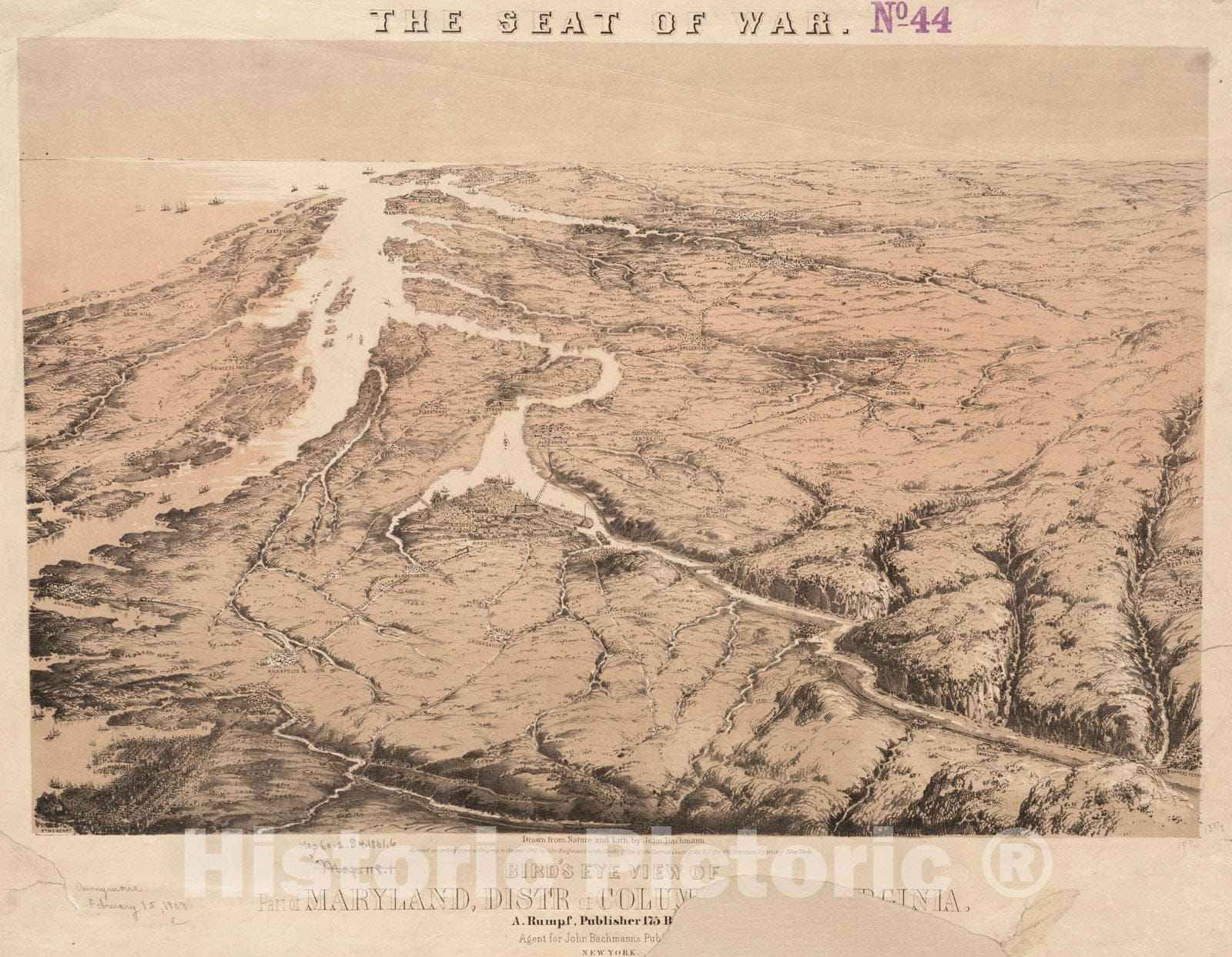Historical Map, 1861 Bird's Eye View of Part of Maryland, Distr of Columbia and Part of Virginia, Vintage Wall Art