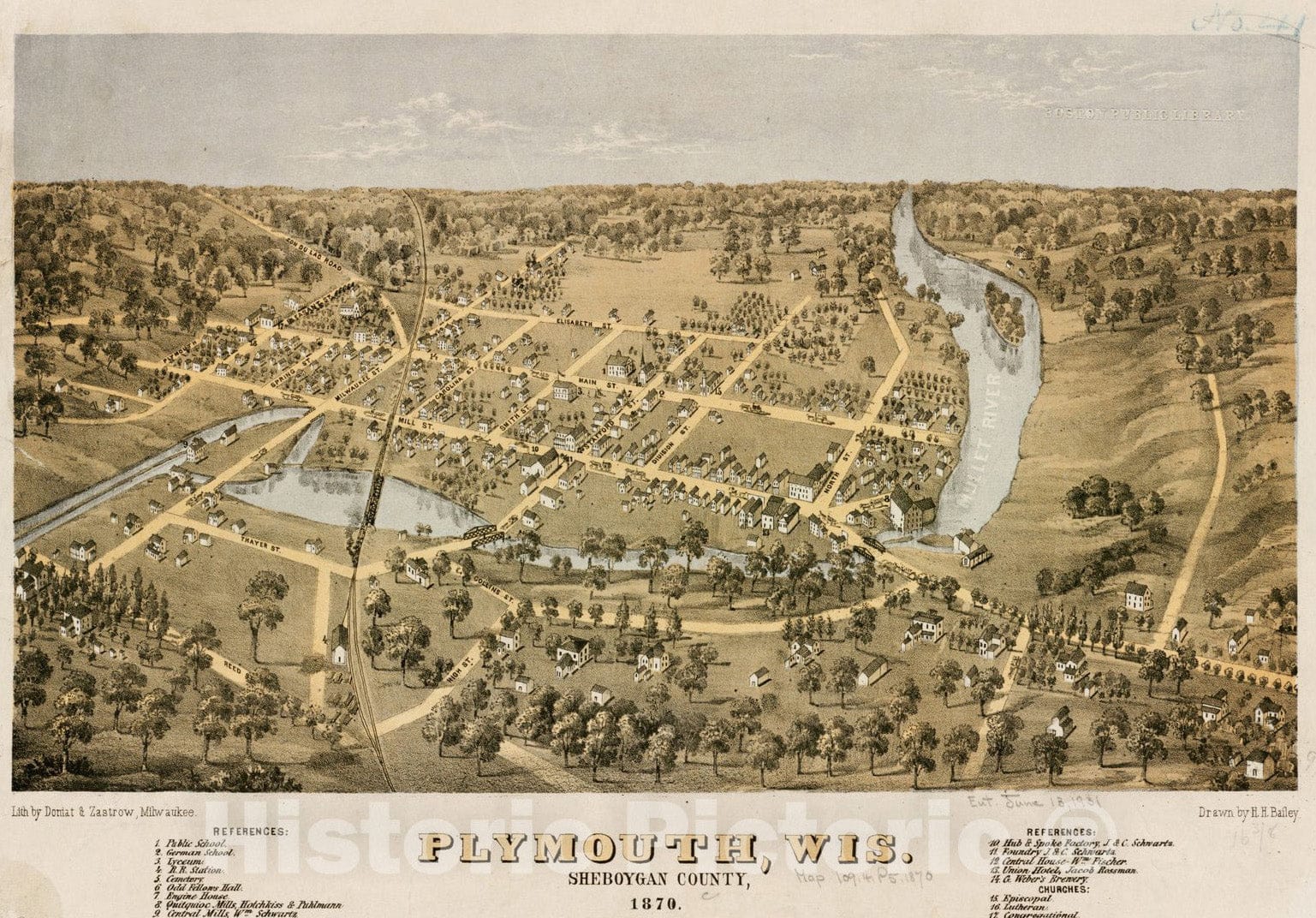 Historical Map, Plymouth, WIS : Sheboygan County, 1870, Vintage Wall Art