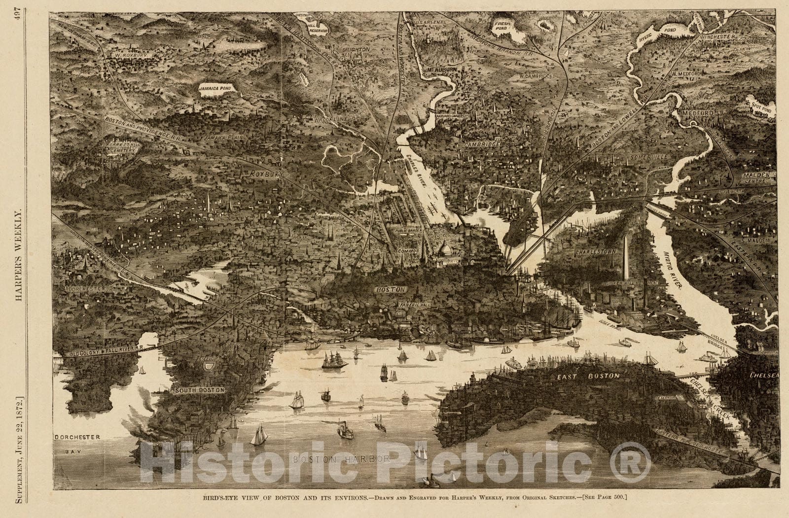 Historical Map, 1872 Bird's-Eye View of Boston and its Environs, Vintage Wall Art