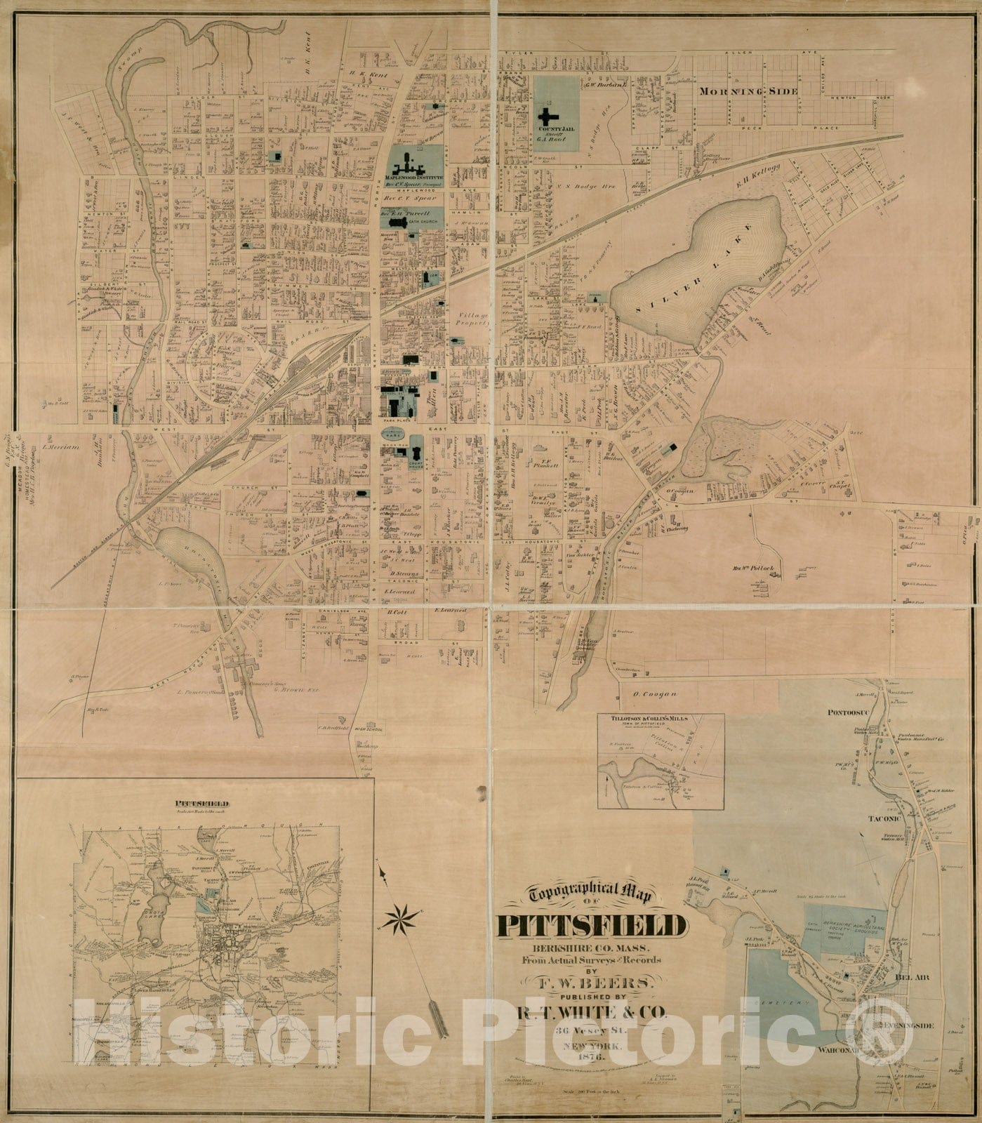 Historical Map, 1876 Topographical map of Pittsfield, Berkshire Co, Mass : from Actual surveys and Records, Vintage Wall Art