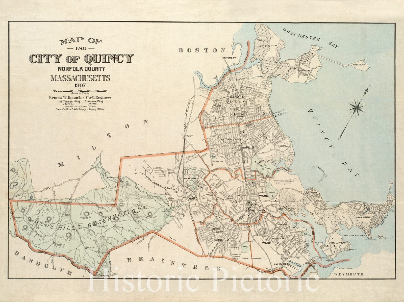 Historical Map, Map of The City of Quincy, Norfolk County, Massachusetts, 1907, Vintage Wall Art