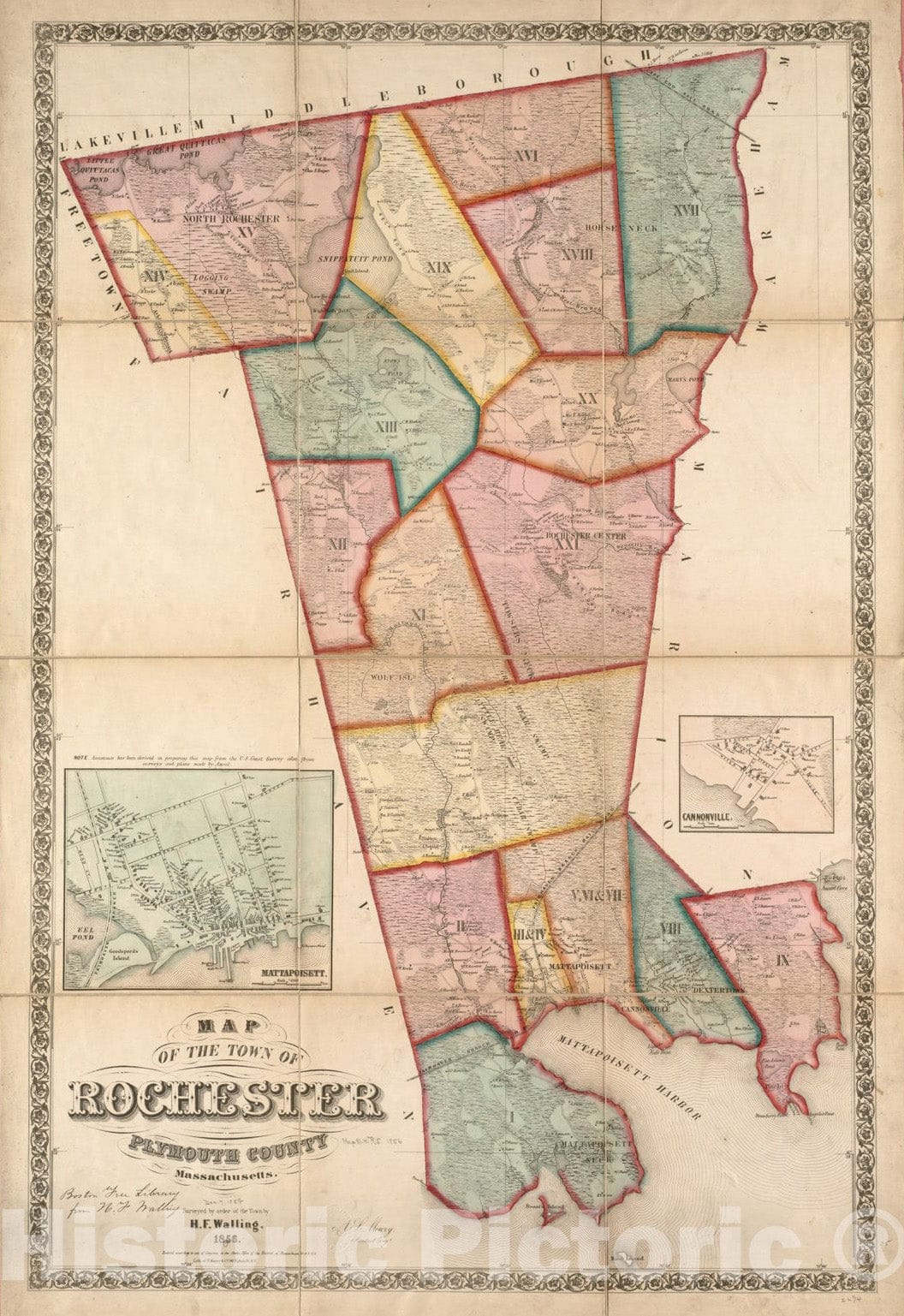 Historical Map, 1856 Map of The Town of Rochester, Plymouth County, Massachusetts : surveyed by Order of The Town, Vintage Wall Art