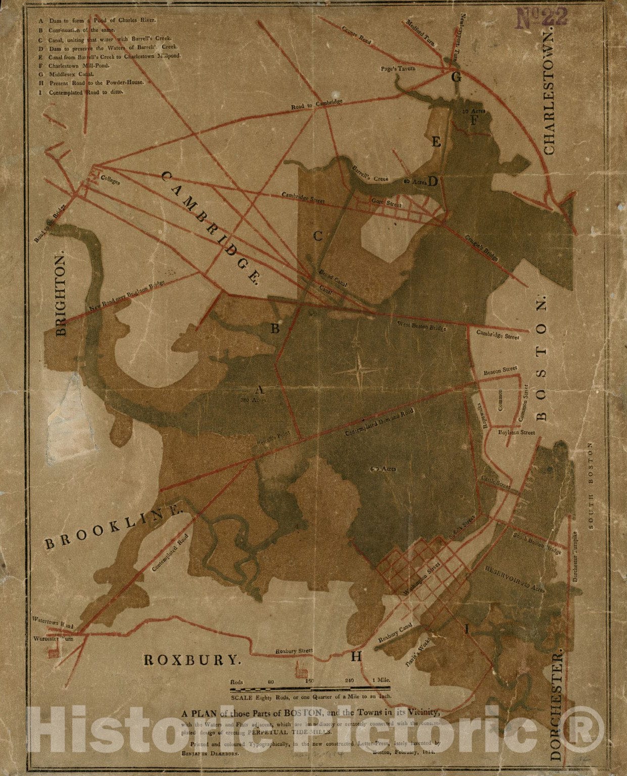 Historical Map, 1814 A Plan of Those Parts of Boston, and The Towns in its Vicinity, with The Waters and Flats Adjacent, Vintage Wall Art