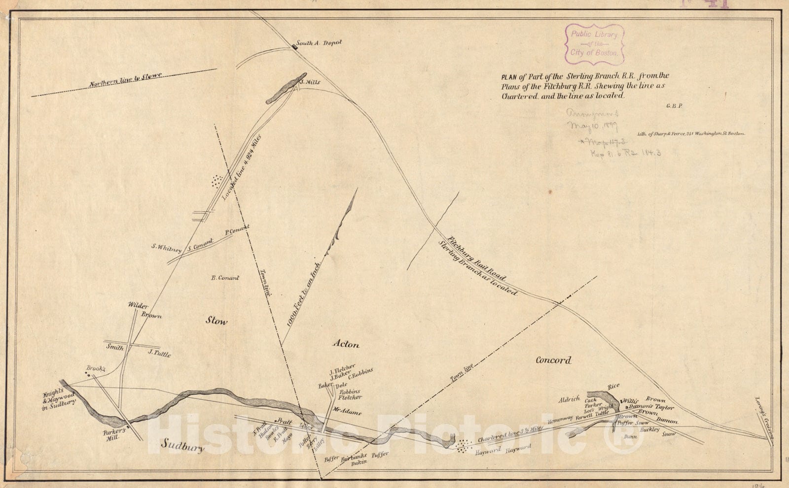Historical Map, 1840-1849 Plan of pof the Sterling Branch R.R. from the Plans of the Fitchburg R.R. shewing the line as chartered and the line as located, Vintage Wall Art