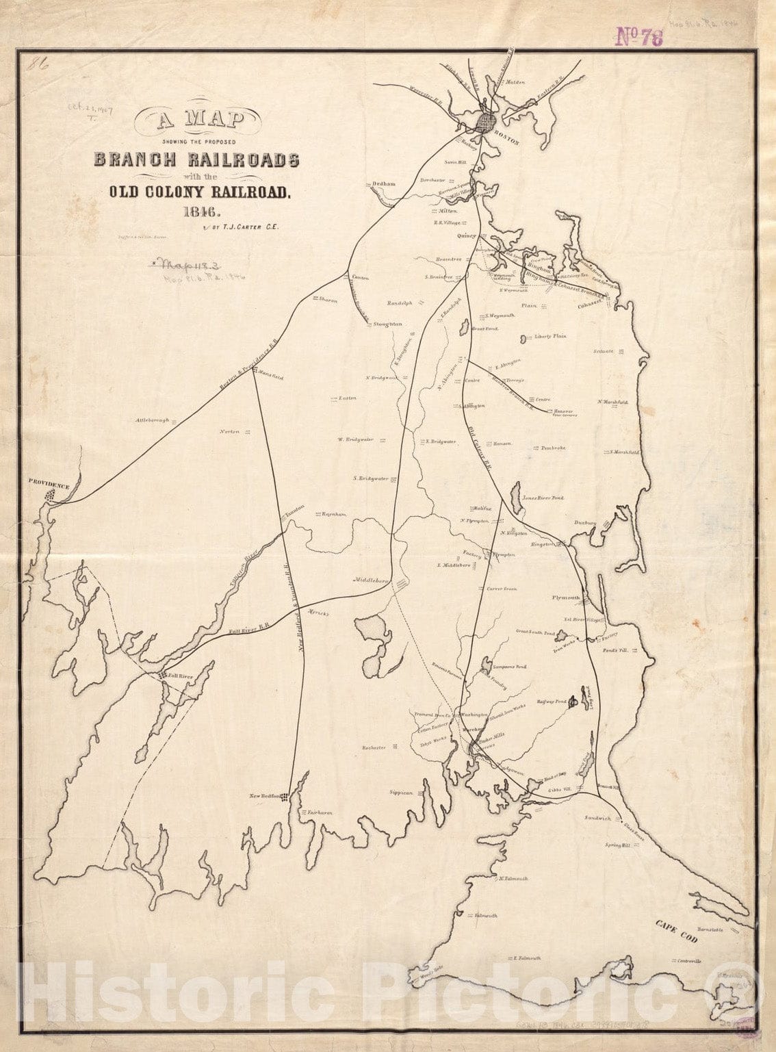 Historical Map, A map showing the proposed branch railroads with the Old Colony Railroad : 1846, Vintage Wall Art