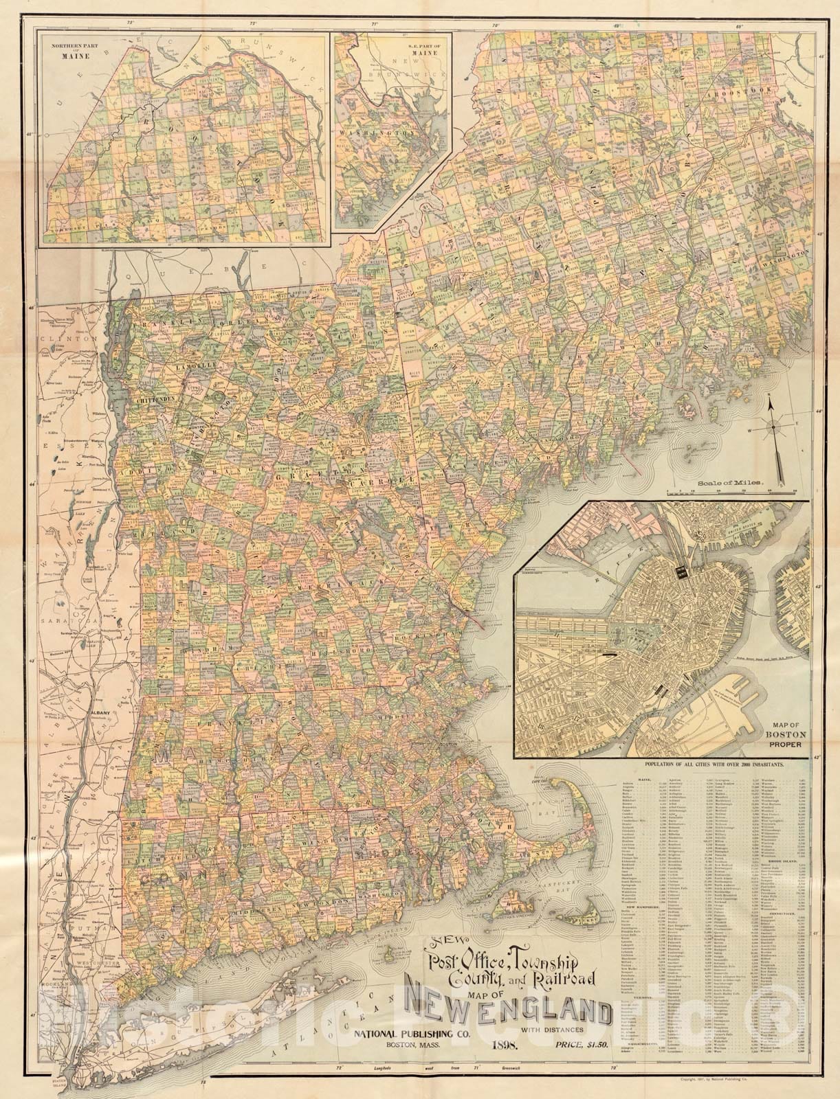Historical Map, 1898 New post office, township, county and railroad map of New England : with distances, Vintage Wall Art
