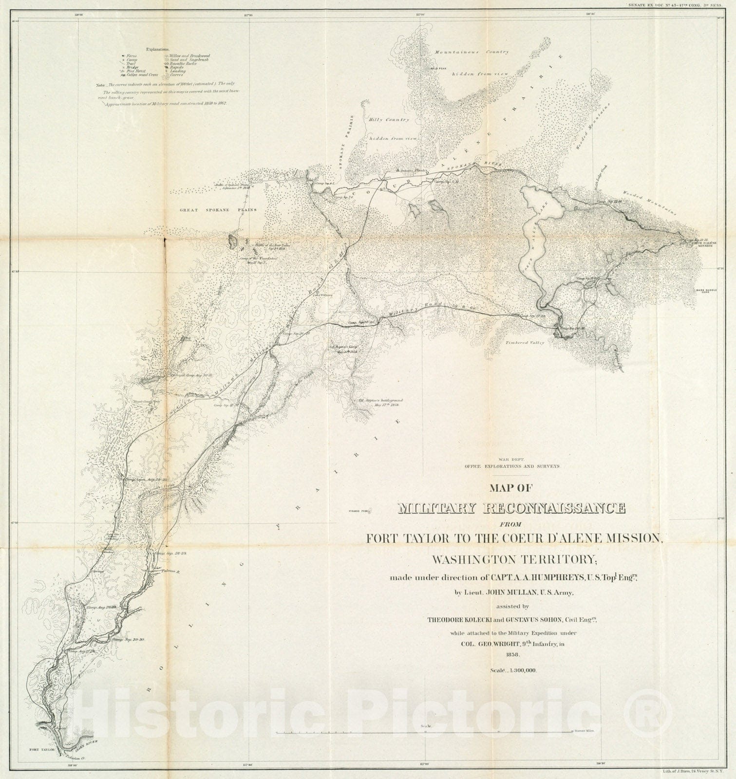 Historical Map, 1858 Map of military reconnaissance from Fort Taylor to the Coeur d'Alene mission, Washington Territory, Vintage Wall Art