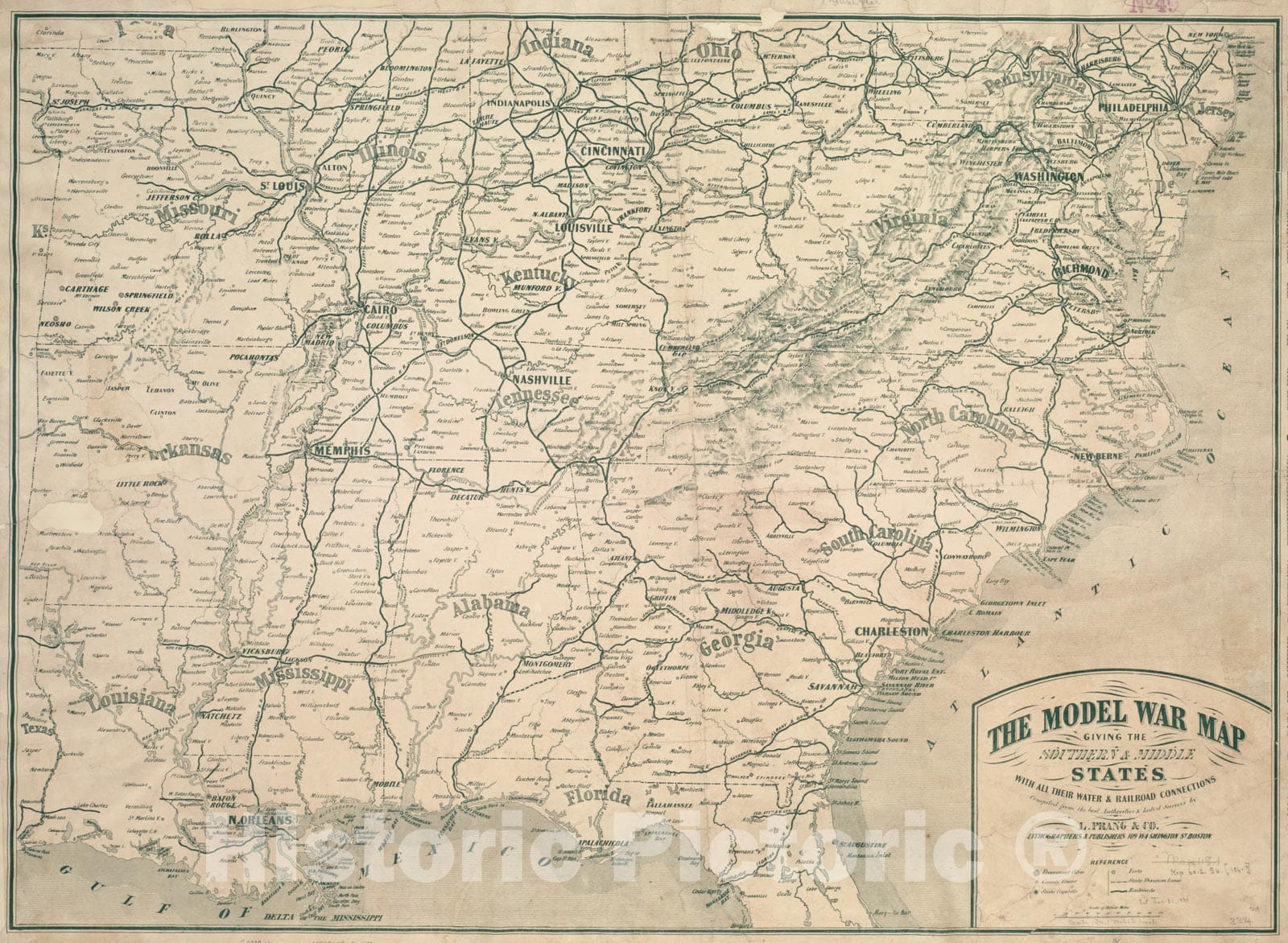 Historical Map, 1862 The model war map giving the southern & middle states, with all their water & railroad connections, Vintage Wall Art