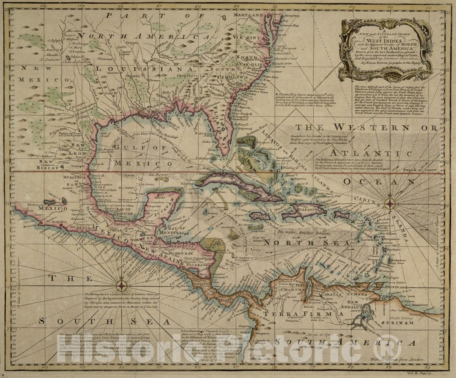 Historical Map, 1748 A New and Accurate Chart of The West Indies : with The Adjacent coasts of North and South America, Vintage Wall Art