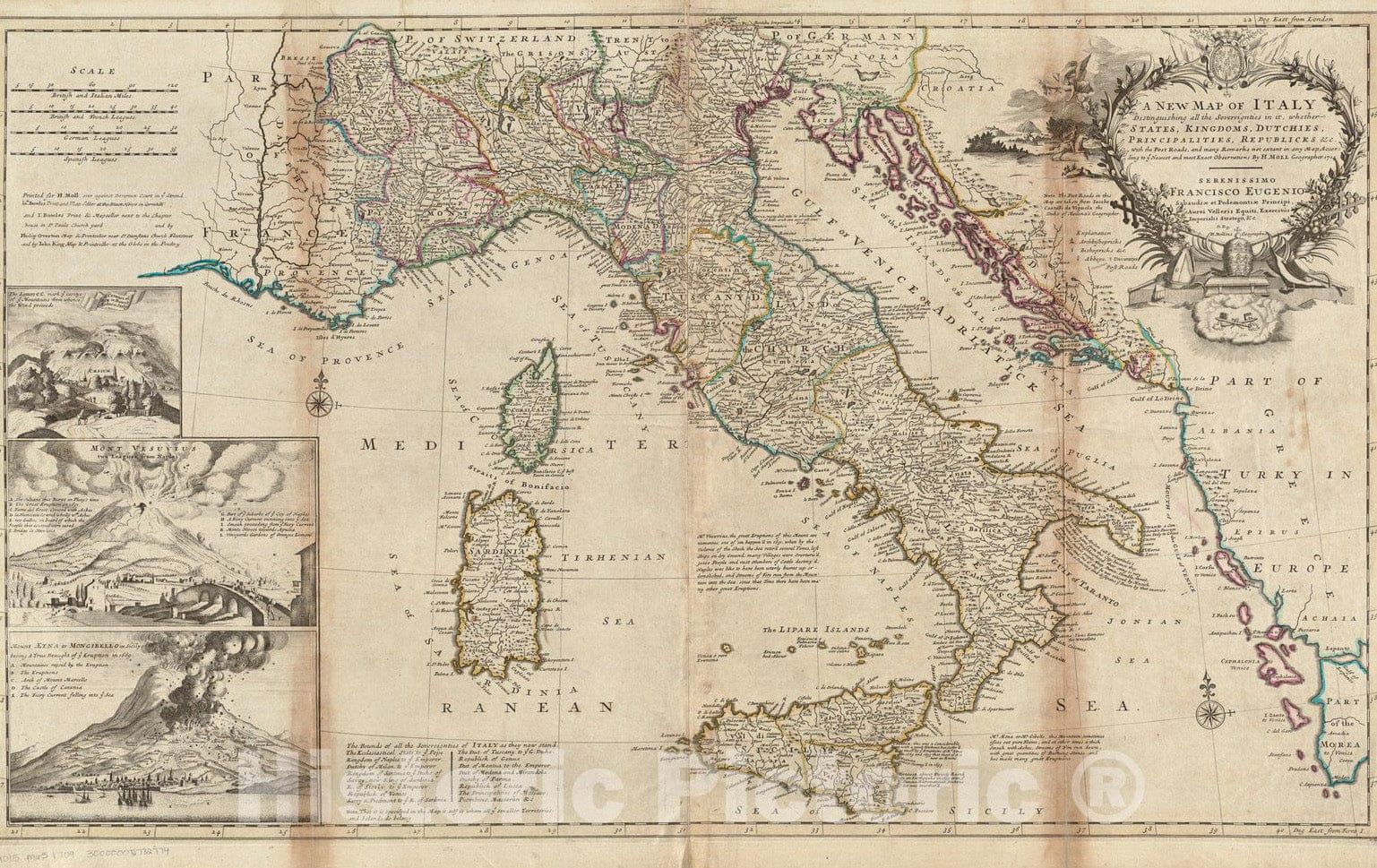 Historical Map, 1714 A New map of Italy distinguishing All The Sovereignties in it, Whether States, Kingdoms, dutchies, Principalities, republicks, et Cetera, Vintage Wall Art