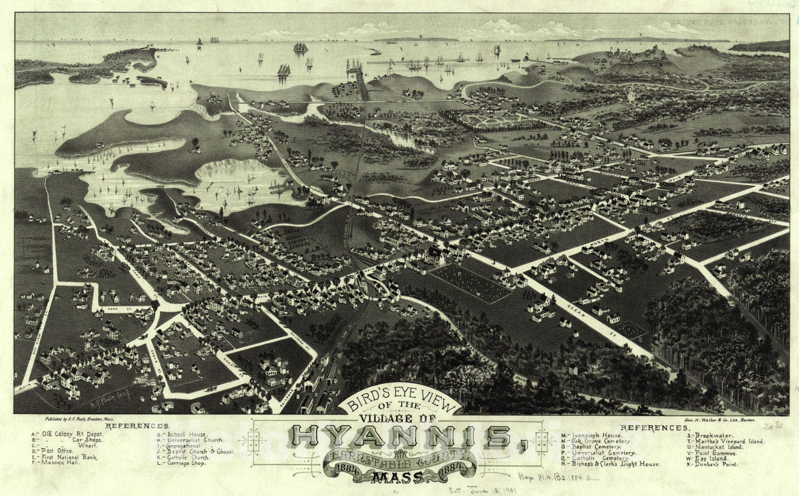 Historical Map, 1884 Bird's Eye View of The Village of Hyannis, Barnstable County, Mass, Vintage Wall Art