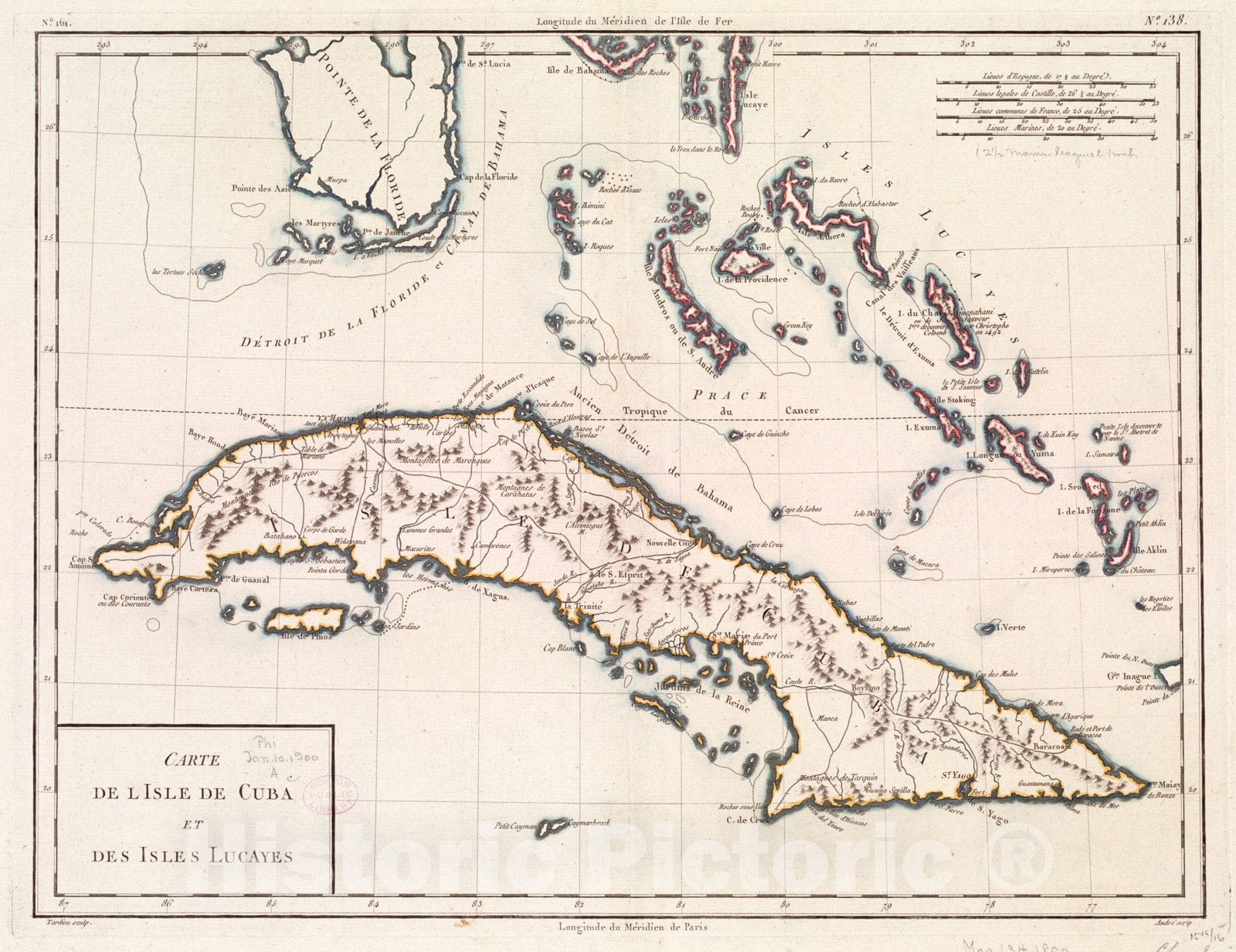 Historical Map, 1801 Carte de l'Isle de Cuba et des Isles Lucayes, Vintage Wall Art