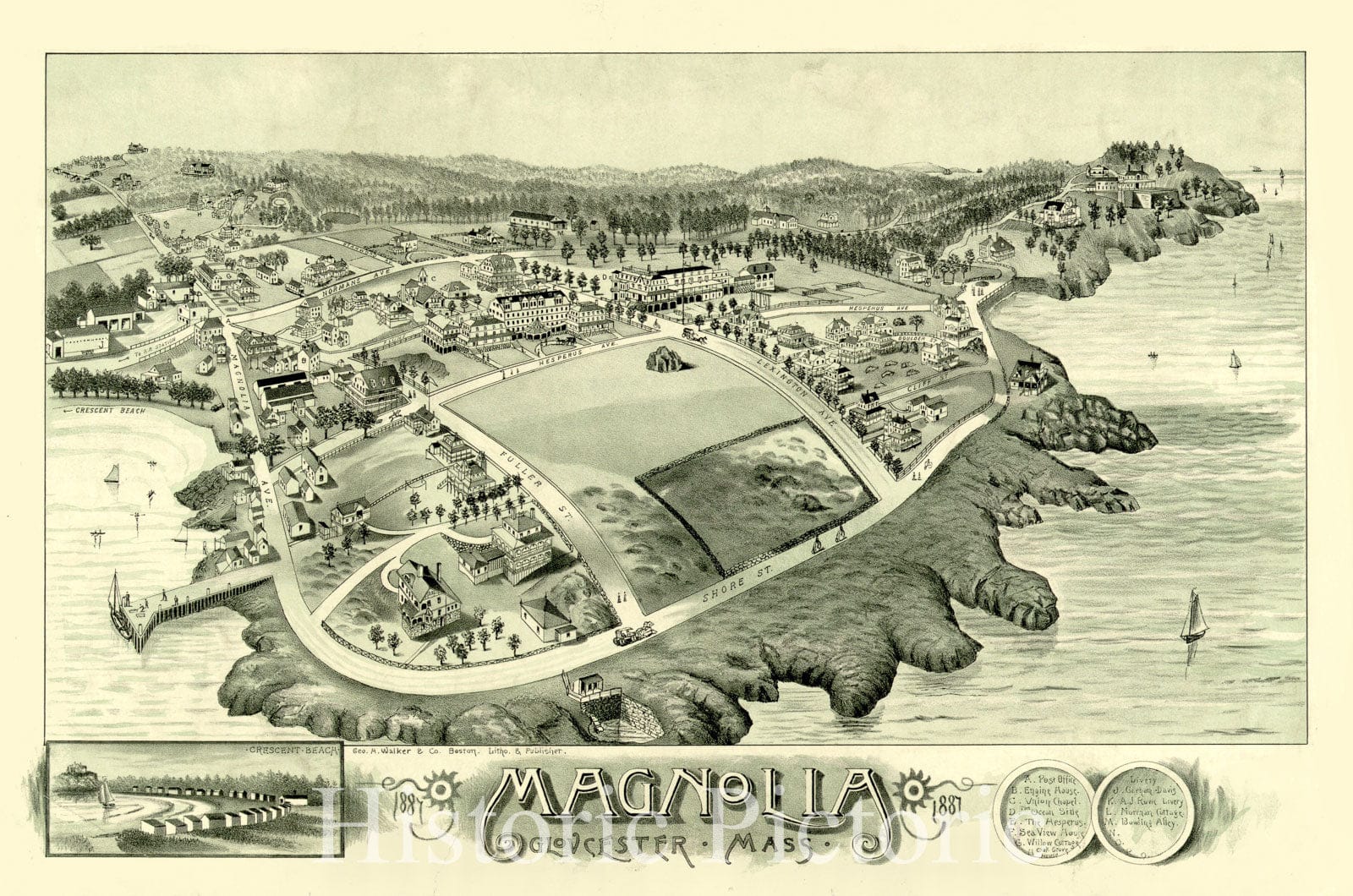 Historical Map, 1887 Magnolia, Gloucester, Mass, Vintage Wall Art