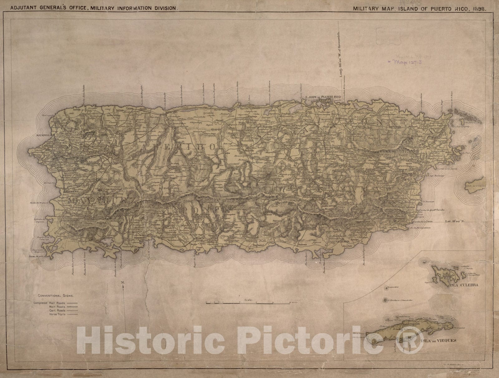 Historical Map, 1898 Military Historical Map, Island of Puerto Rico, Vintage Wall Art