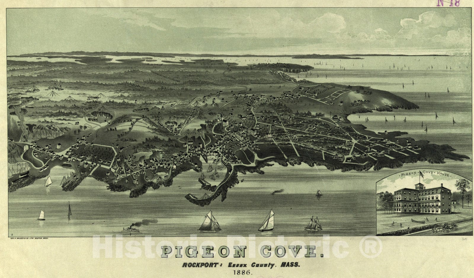 Historical Map, 1886 Pigeon Cove, Rockport, Essex County, Mass, Vintage Wall Art