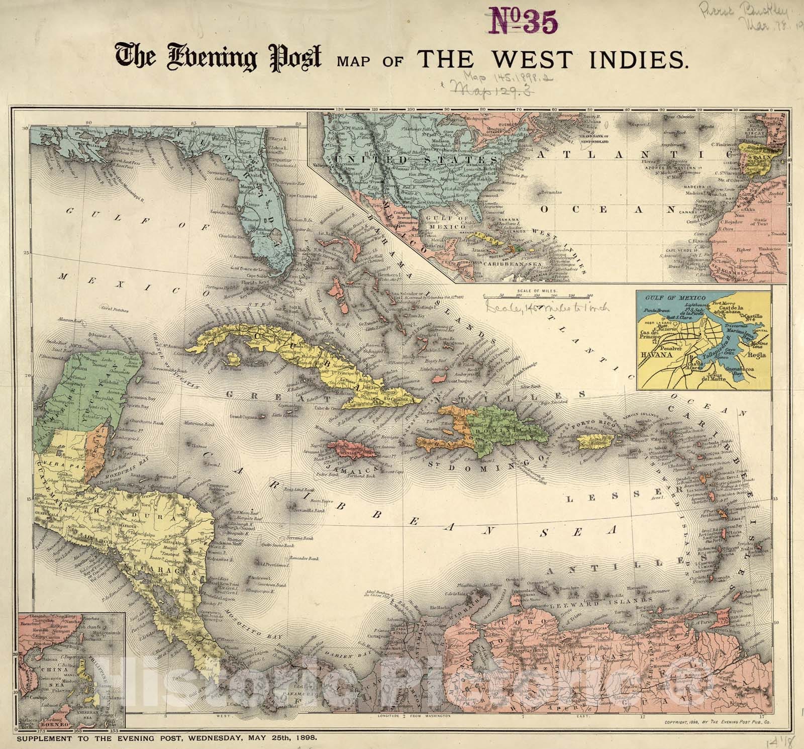 Historical Map, 1898 The Evening Post map of The West Indies, Vintage Wall Art