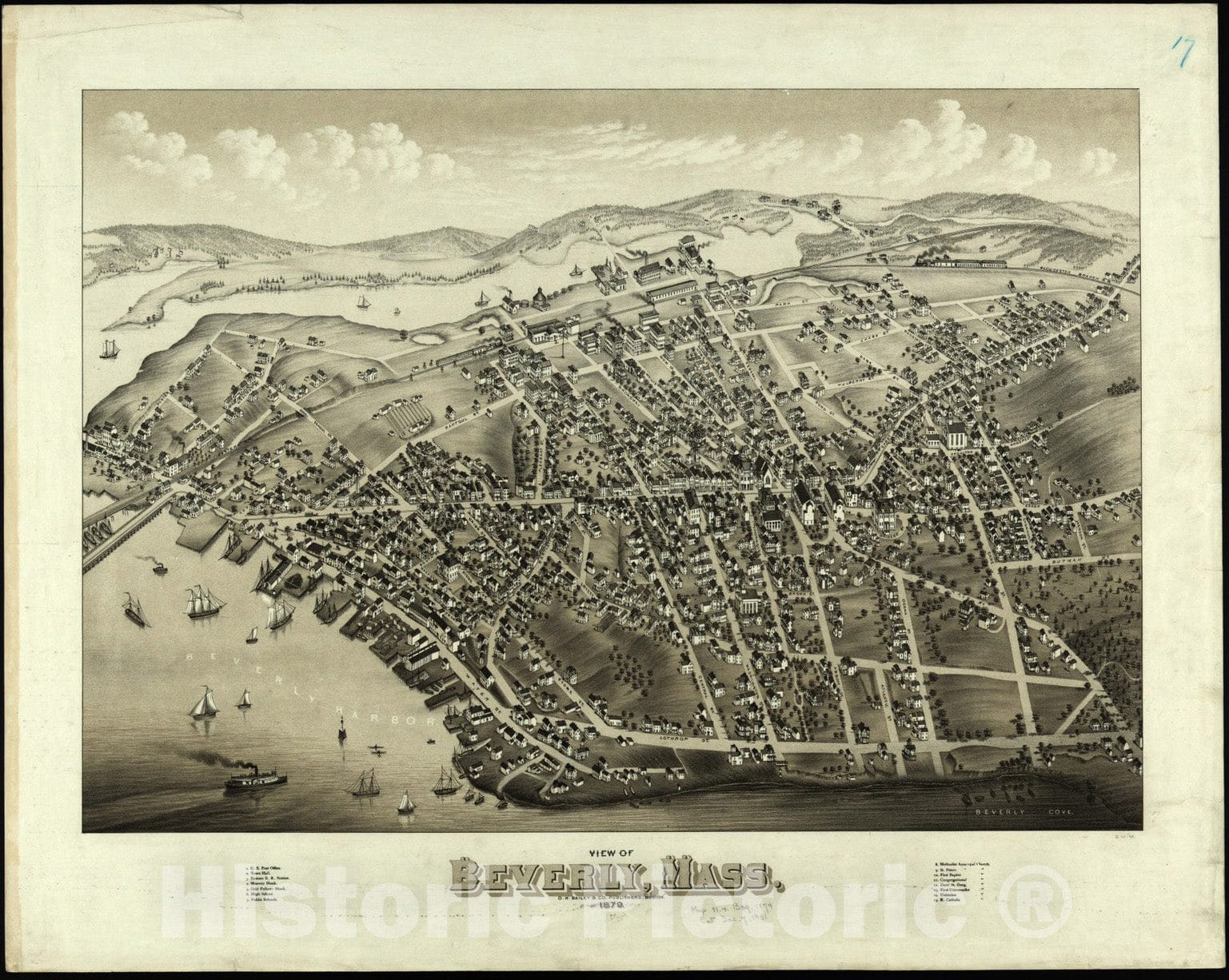 Historical Map, 1879 View of Beverly, Mass, Vintage Wall Art