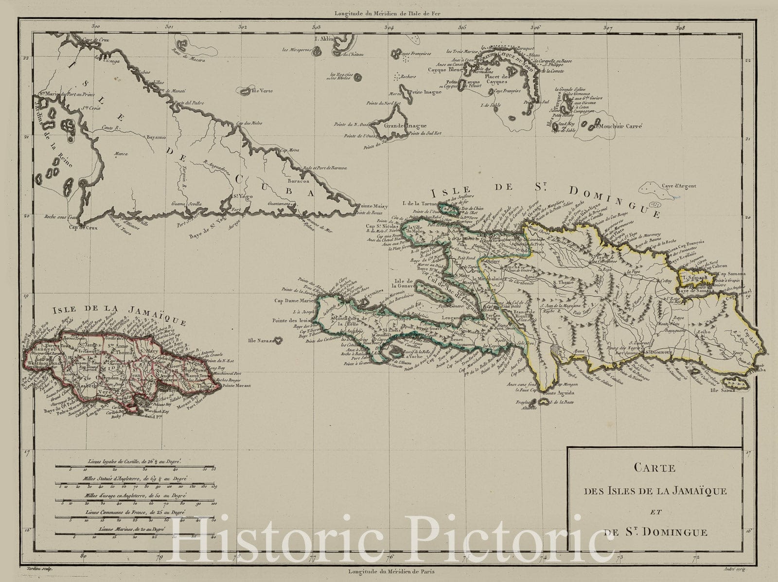 Historical Map, 1800 Carte des Isles de la JamaiIË†que et de St. Domingue, Vintage Wall Art