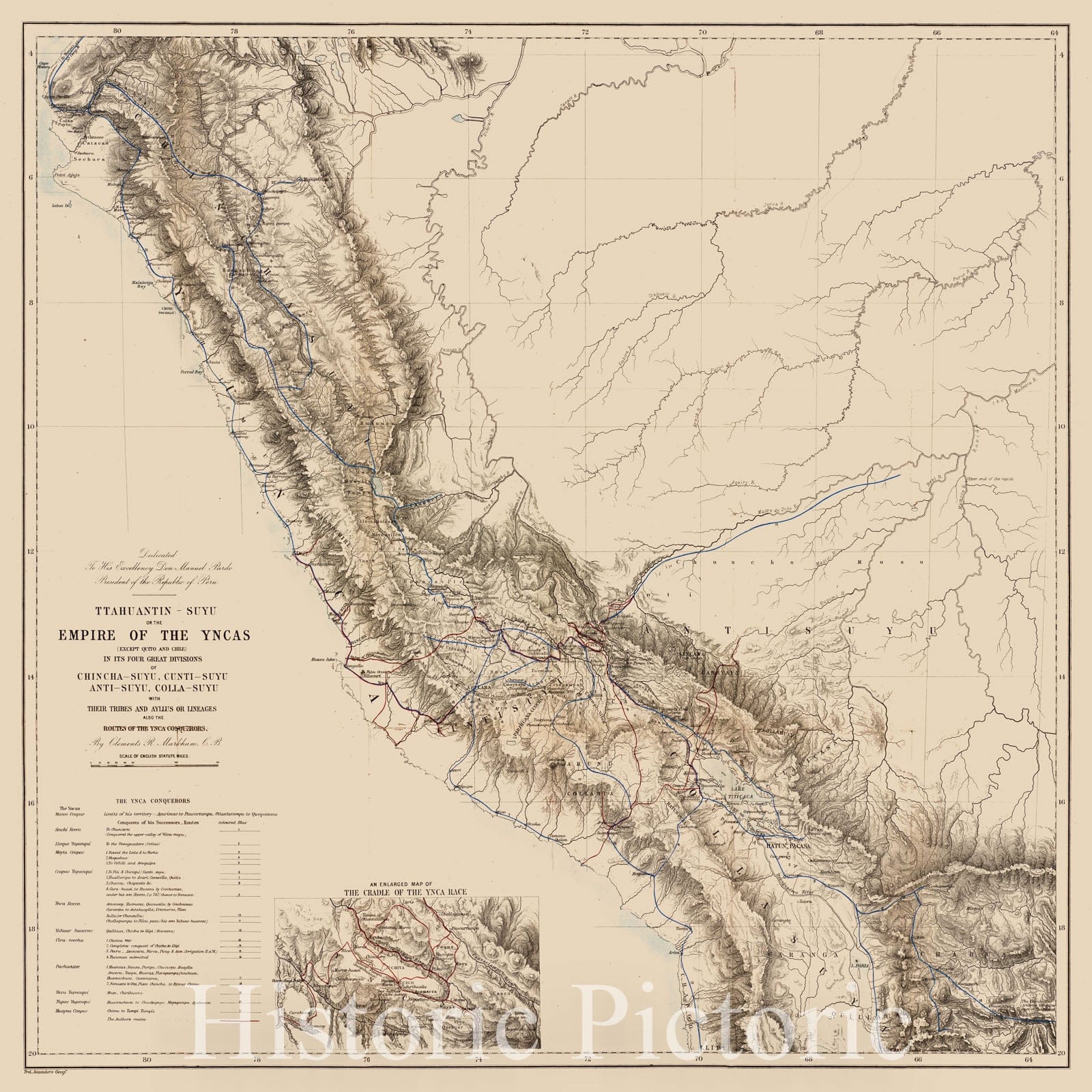Historical Map, 1880 Ttahuantin-Suyu or The Empire of The Yncas (Except Quito and Chile) conquerers, Vintage Wall Art
