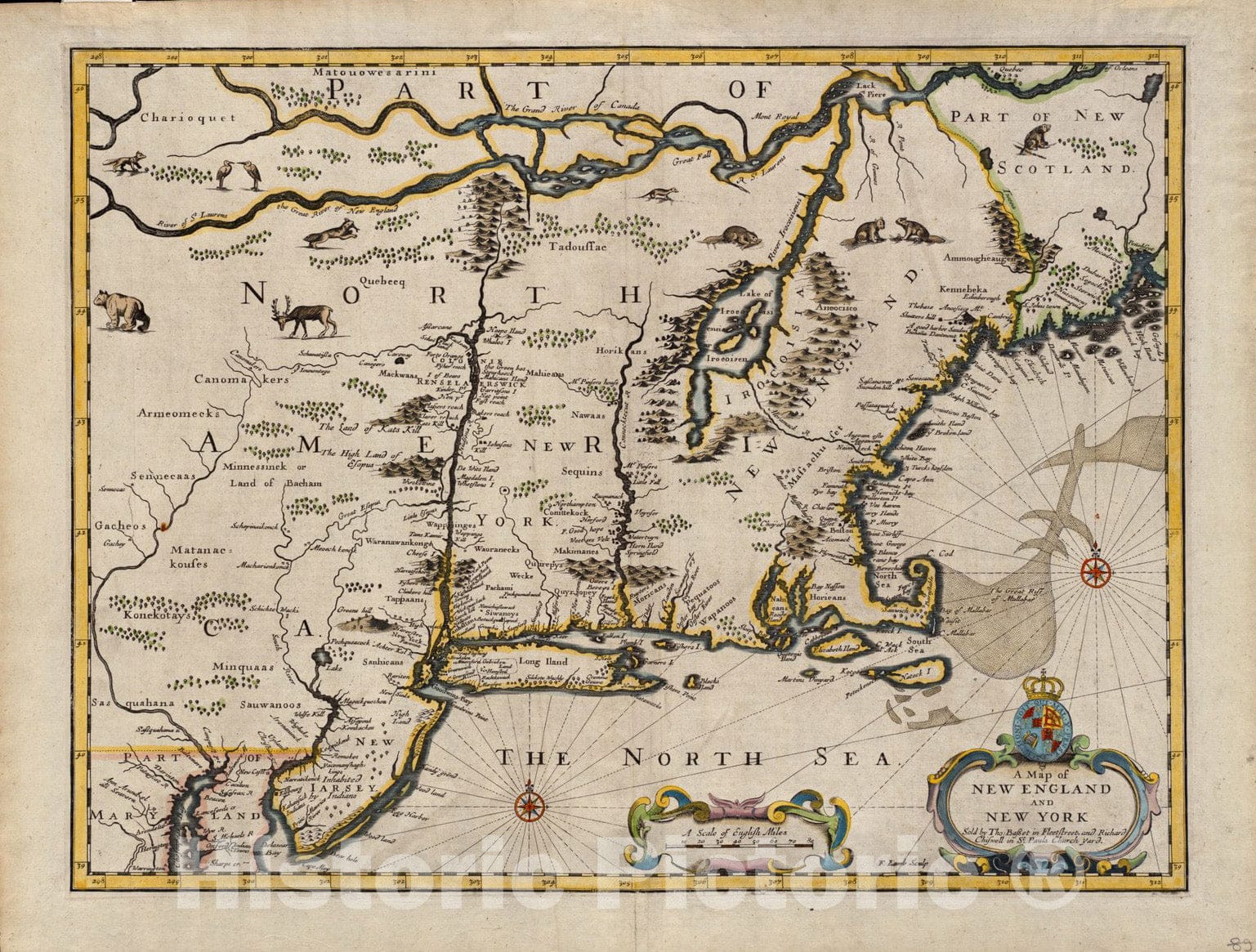 Historical Map, 1676 A map of New England and New York, Vintage Wall Art