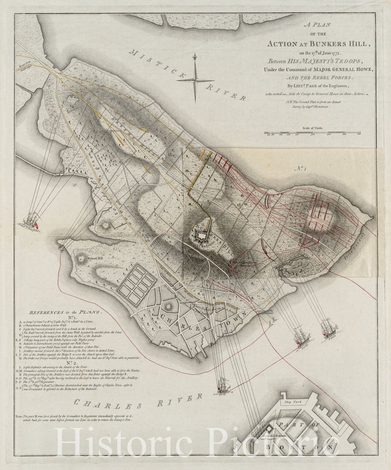 Historical Map, 1778 A Plan of the action at Bunkers Hill, on the 17th. of June, 1775 : between His Majesty's troops under the command of Major General Howe, and the rebel forces Reprint