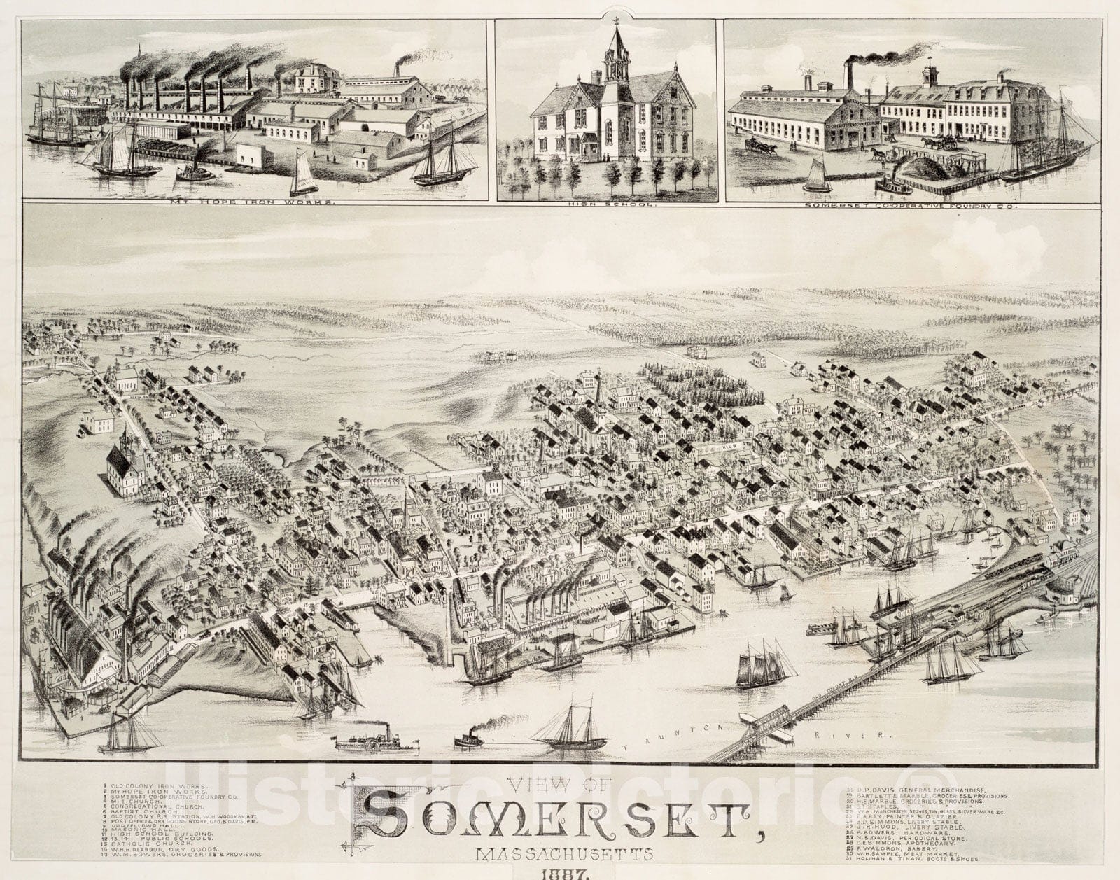 Historical Map, 1887 View of Somerset, Massachusetts, Vintage Wall Art