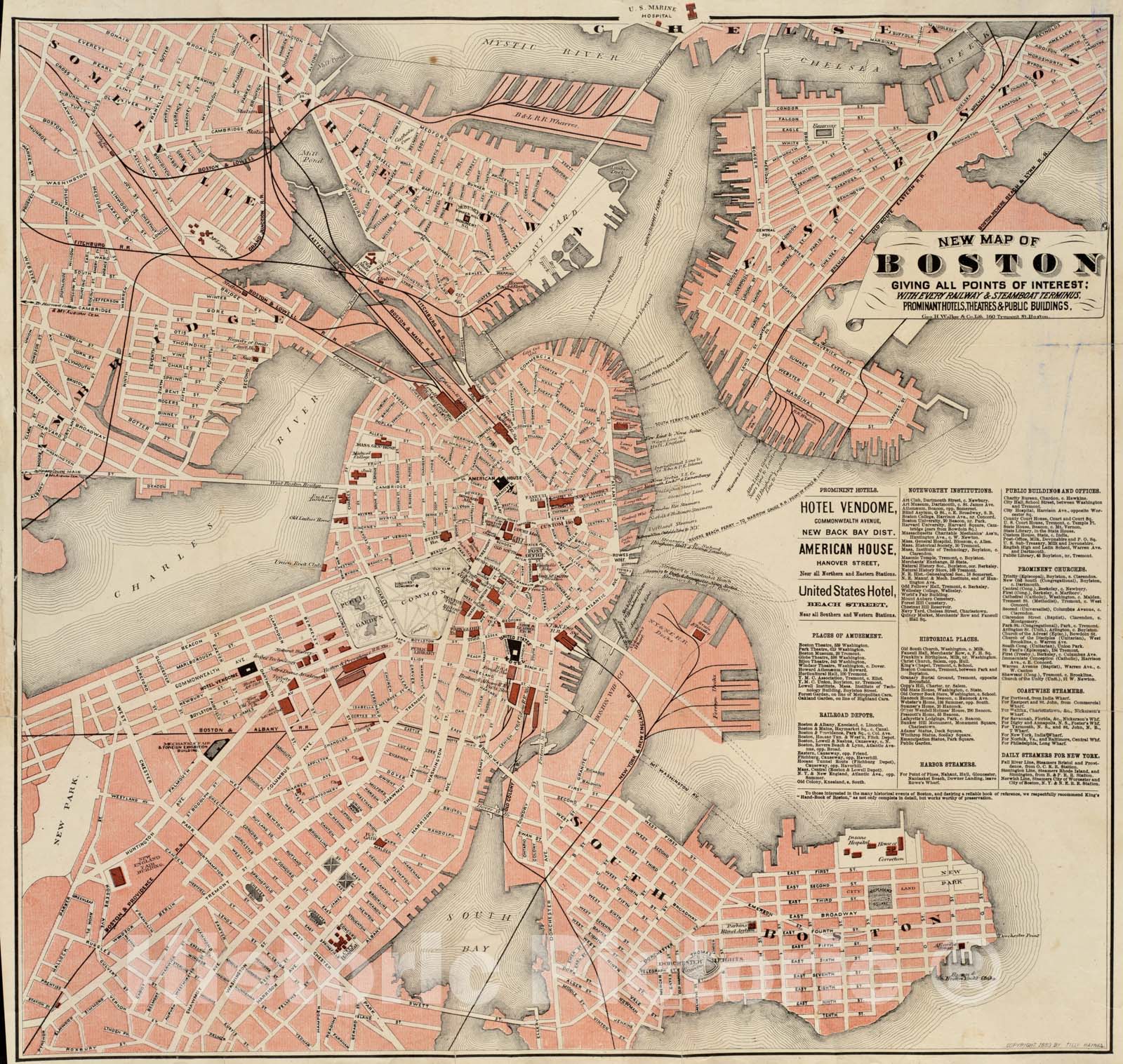 Historical Map, c.1883 New map of Boston Giving All Points of Interest : with Every Railway & Steamboat Terminus, Prominent Hotels, theatres & Public Buildings, Vintage Wall Art