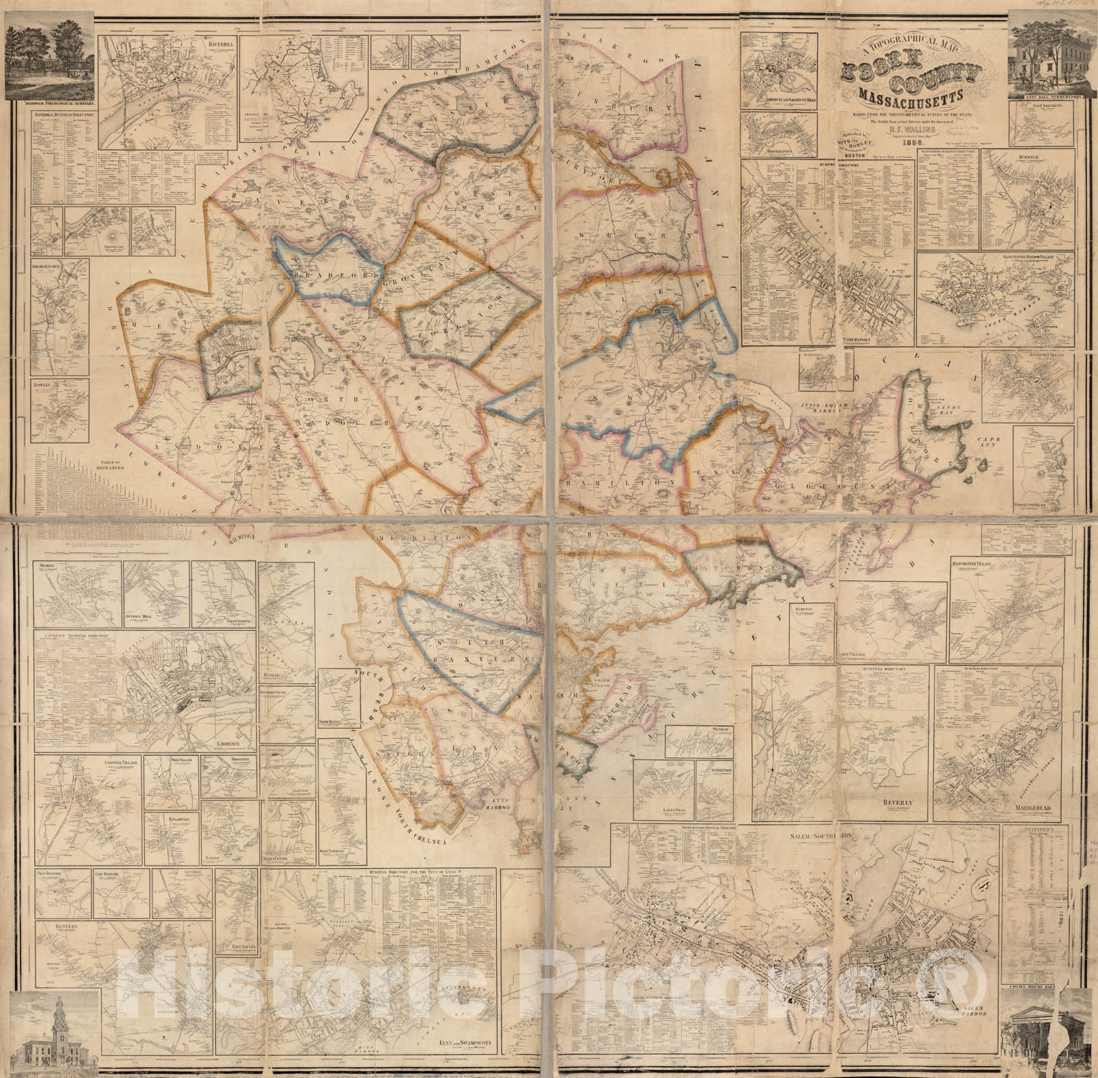 Historical Map, 1856 A Topographical map of Essex County, Massachusetts : Based Upon The Trigonometrical Survey of The State, Vintage Wall Art