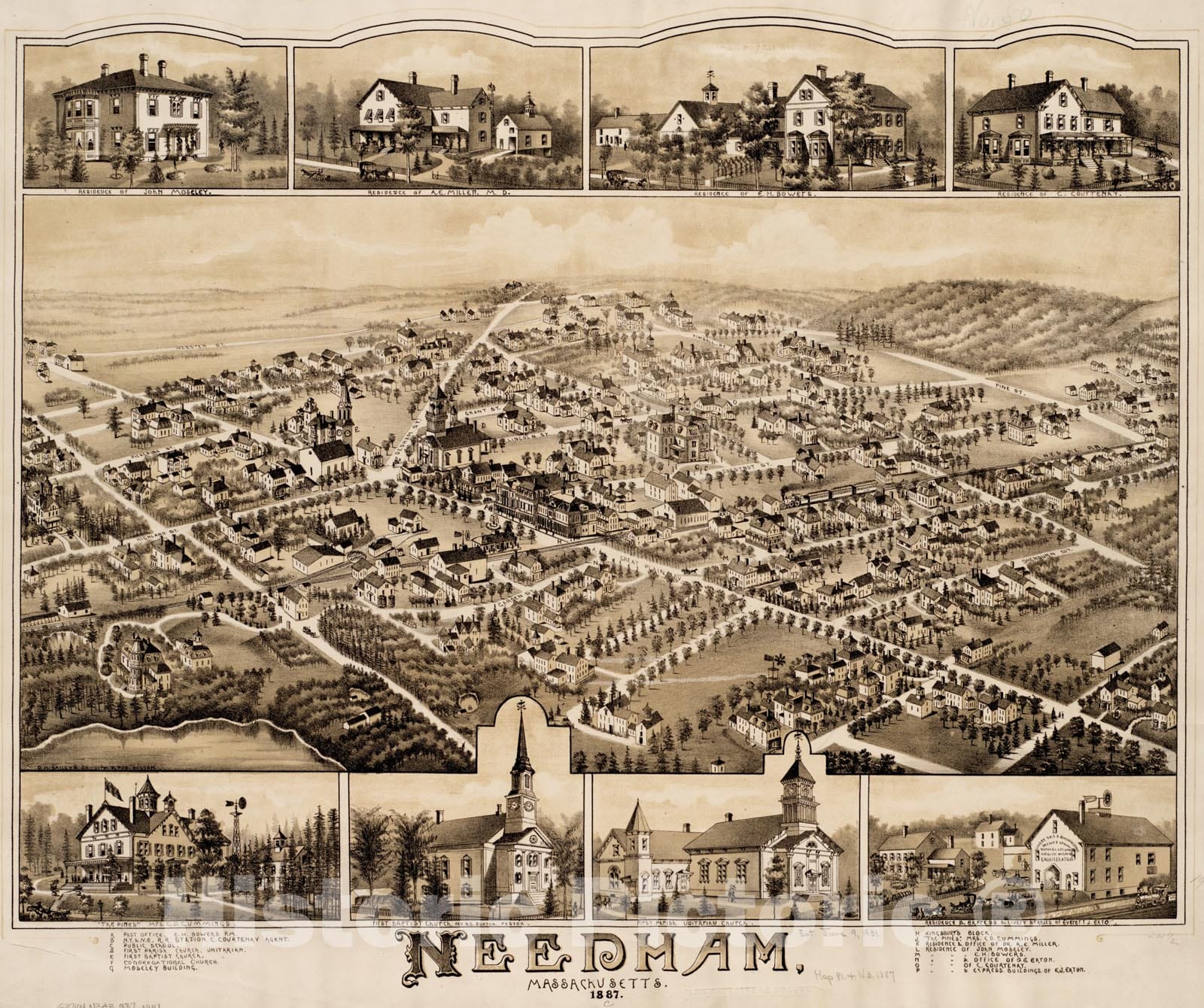 Historical Map, Needham, Massachusetts, 1887, Vintage Wall Art