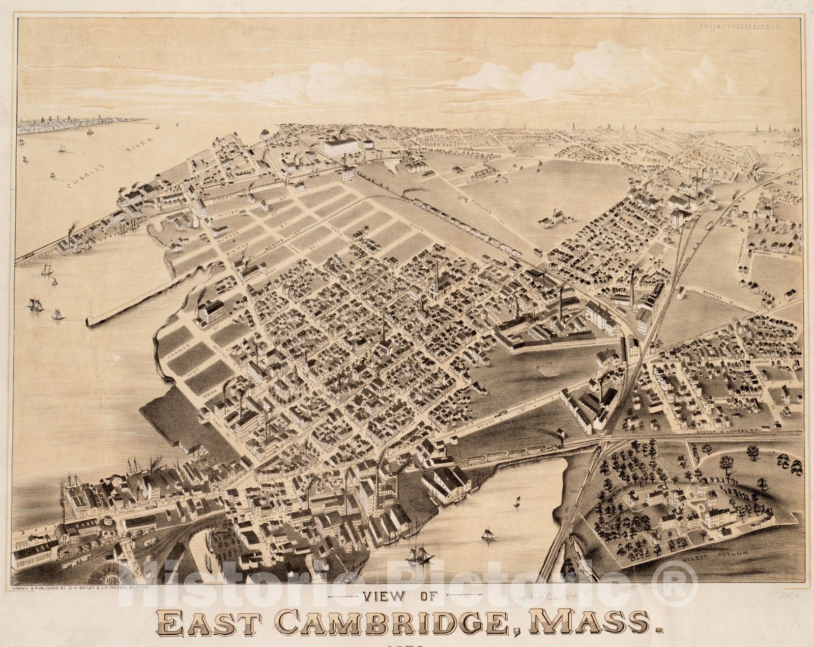 Historical Map, View of East Cambridge, Mass, 1879, Vintage Wall Art