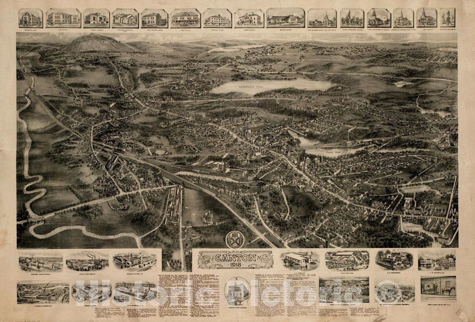Historical Map, Aero View of Canton, Mass. 1918, Vintage Wall Art