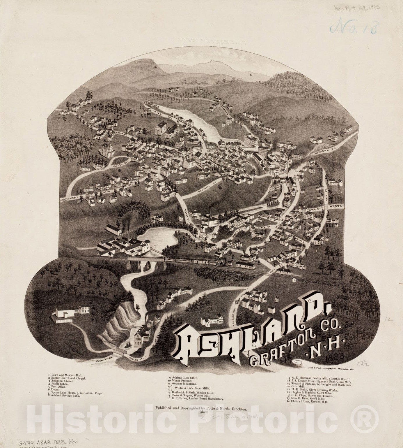 Historical Map, Ashland, Grafton Co, N.H. 1883, Vintage Wall Art