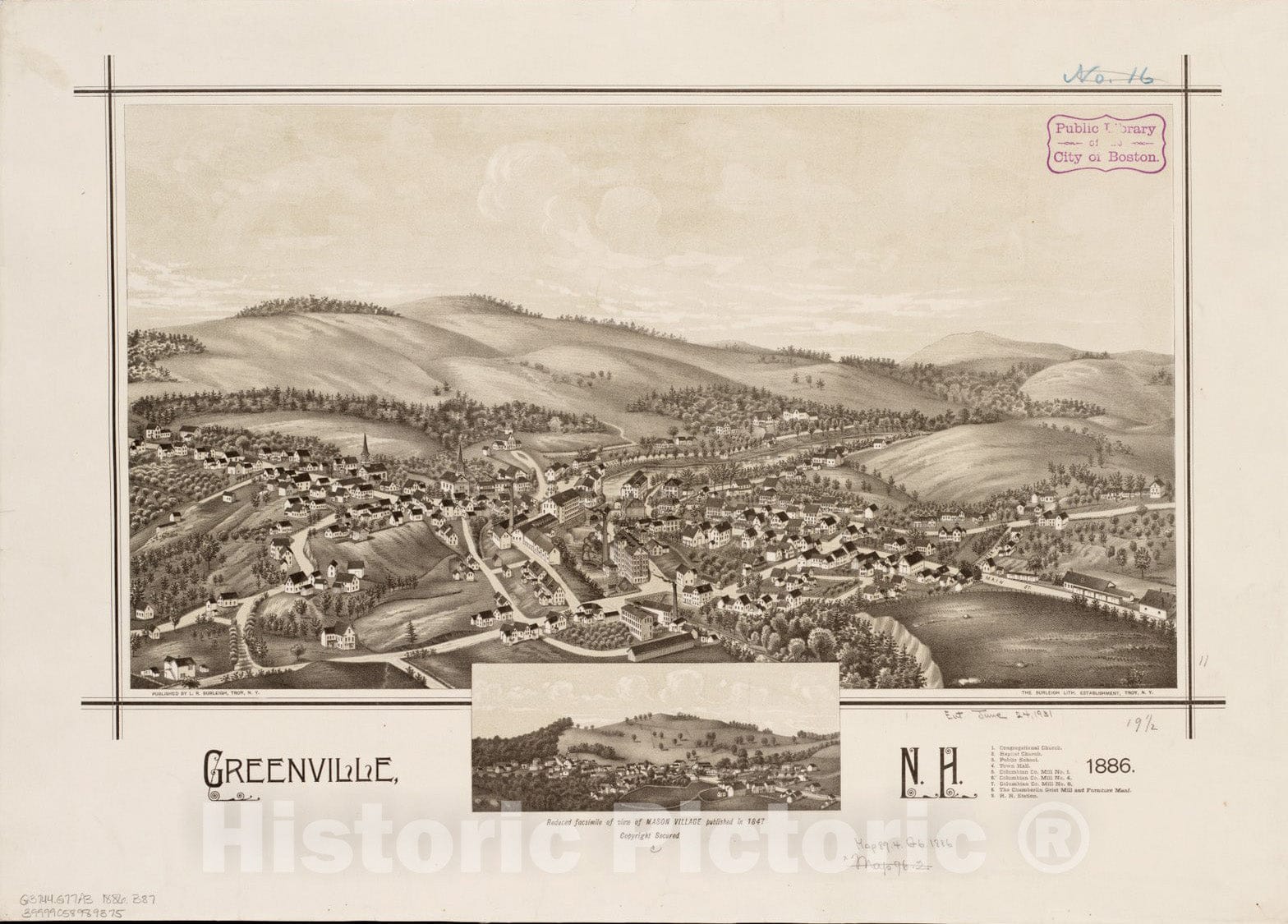 Historical Map, Greenville, N.H : 1886, Vintage Wall Art