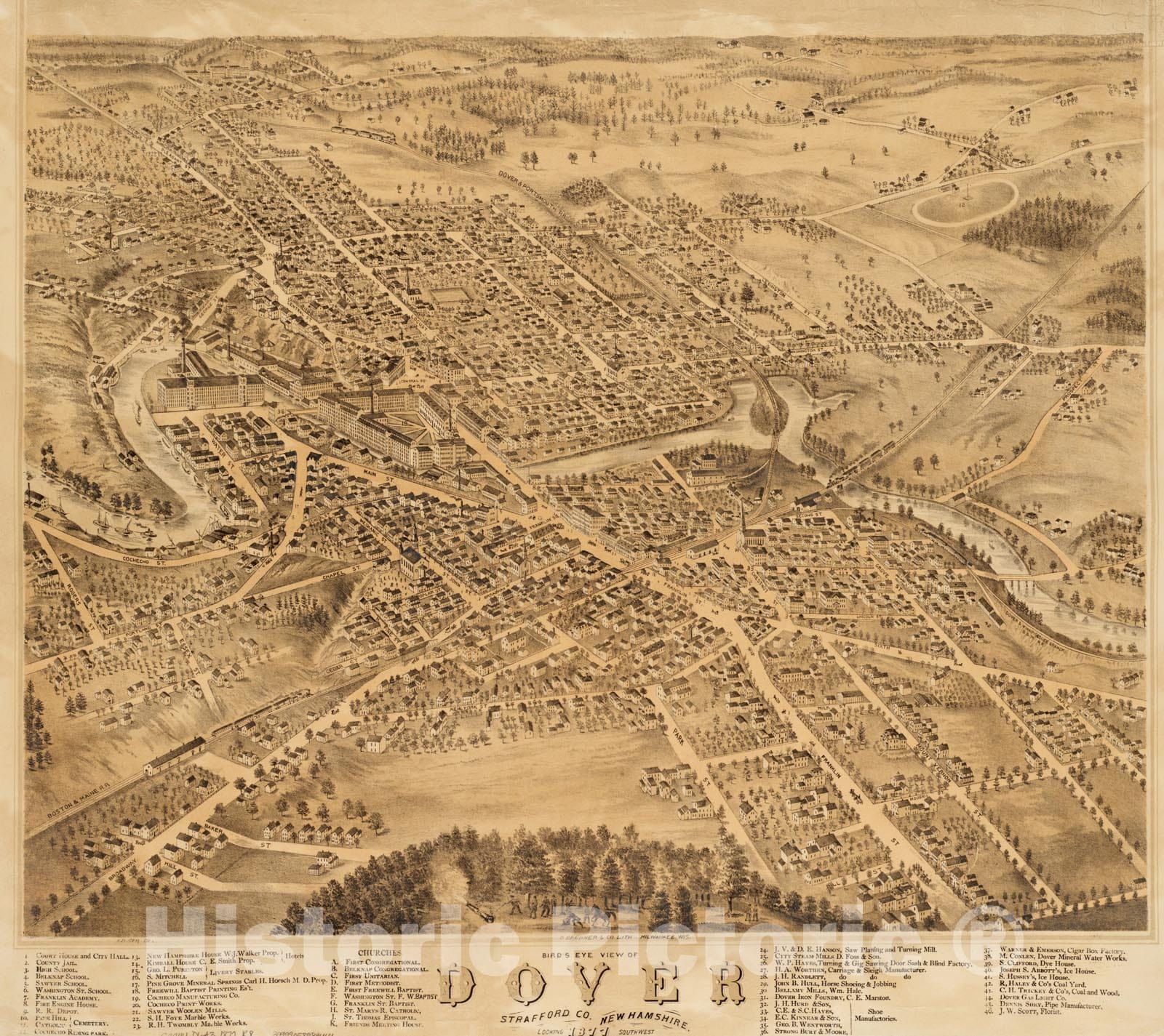 Historical Map, Bird's Eye View of Dover, Strafford Co, New Hampshire : 1877, Looking Southwest, Vintage Wall Art