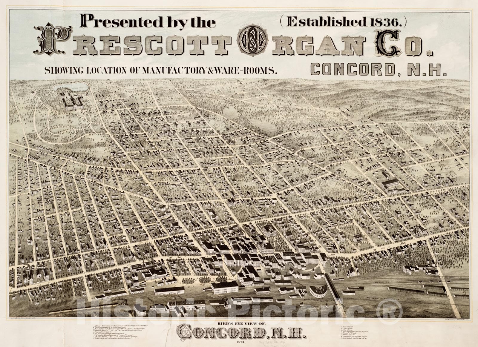 Historical Map, Bird's Eye View of Concord, N.H : 1875, Vintage Wall Art