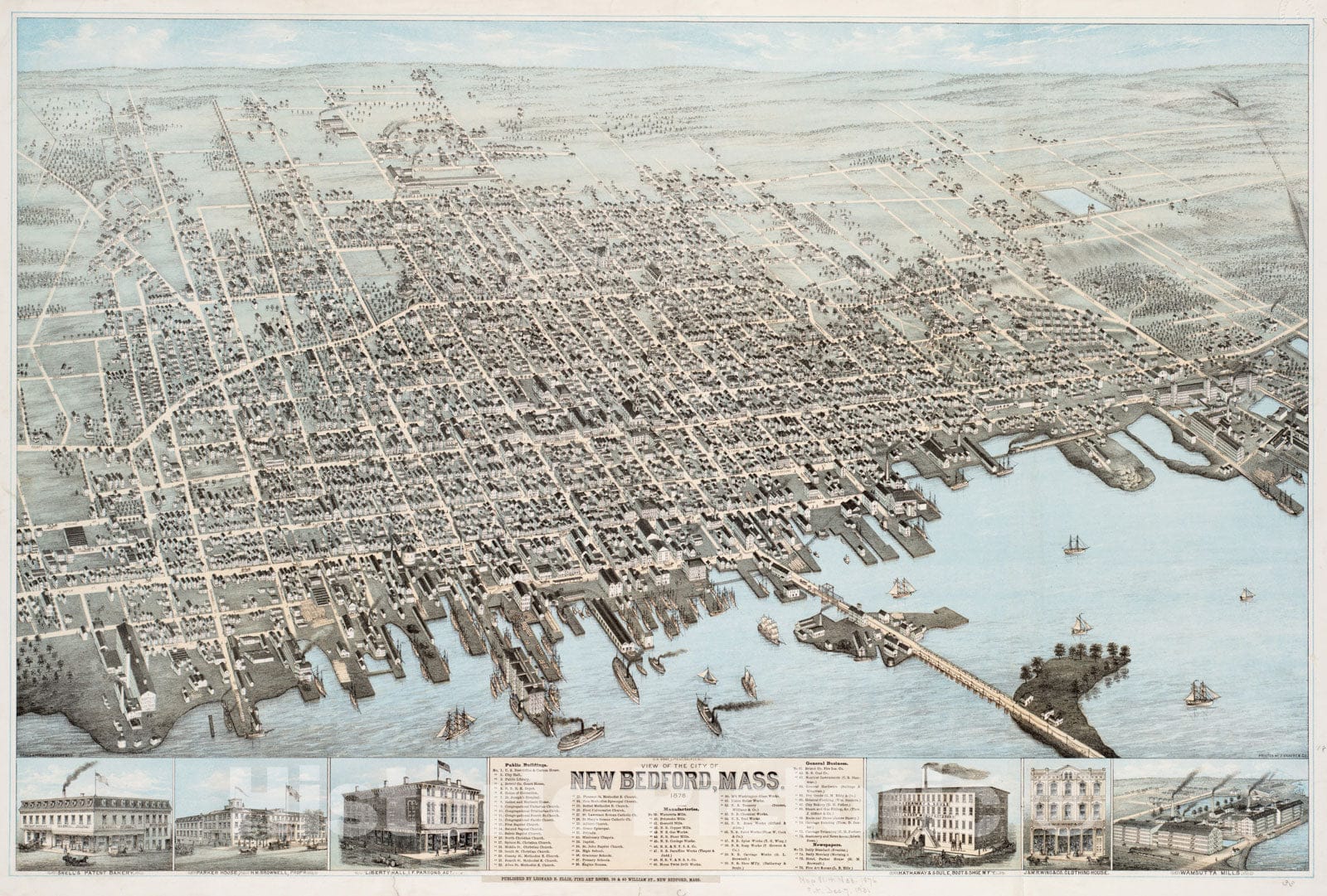 Historical Map, View of The City of New Bedford, Mass : 1876, Vintage Wall Art