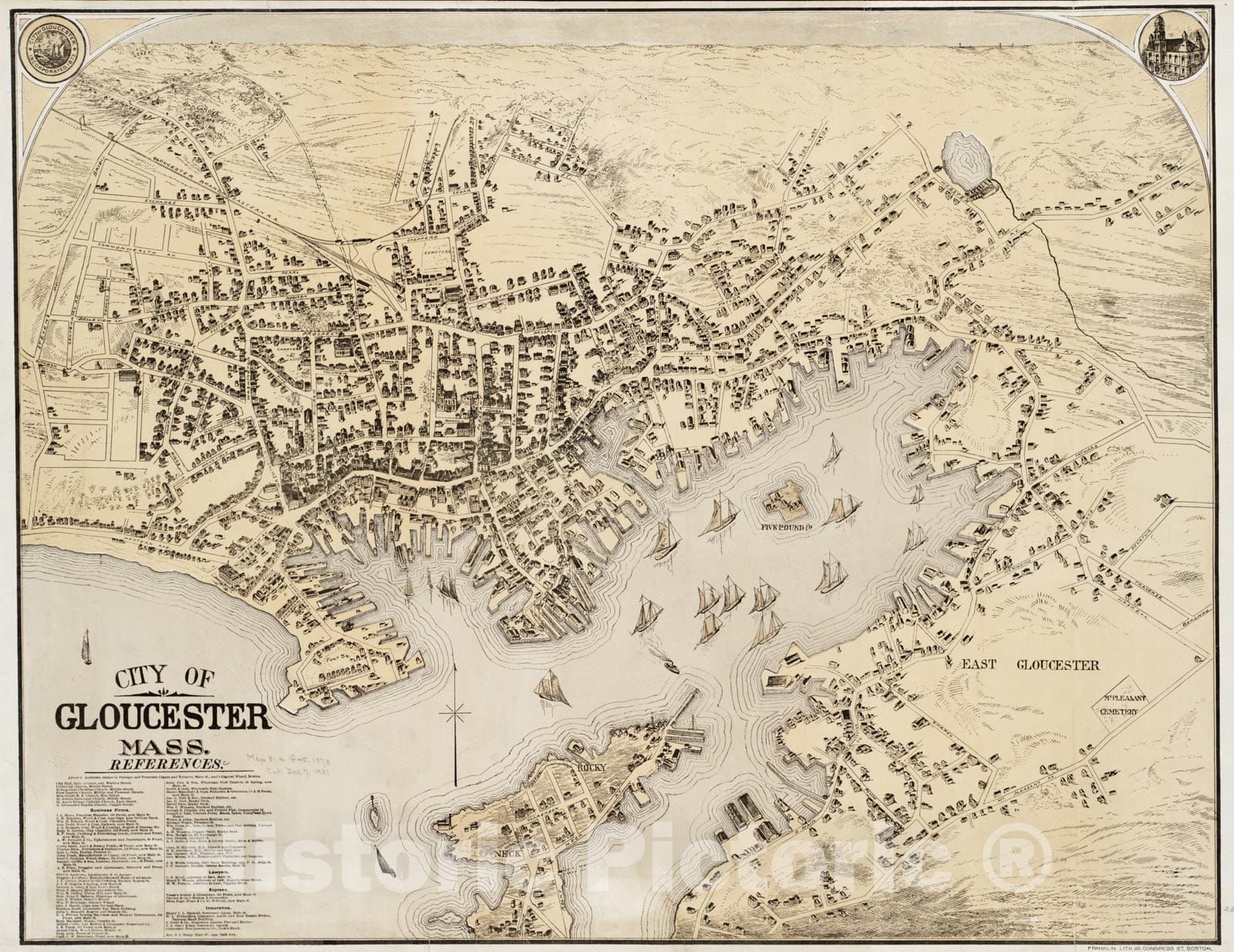 Historical Map, 1873 City of Gloucester, Mass, Vintage Wall Art