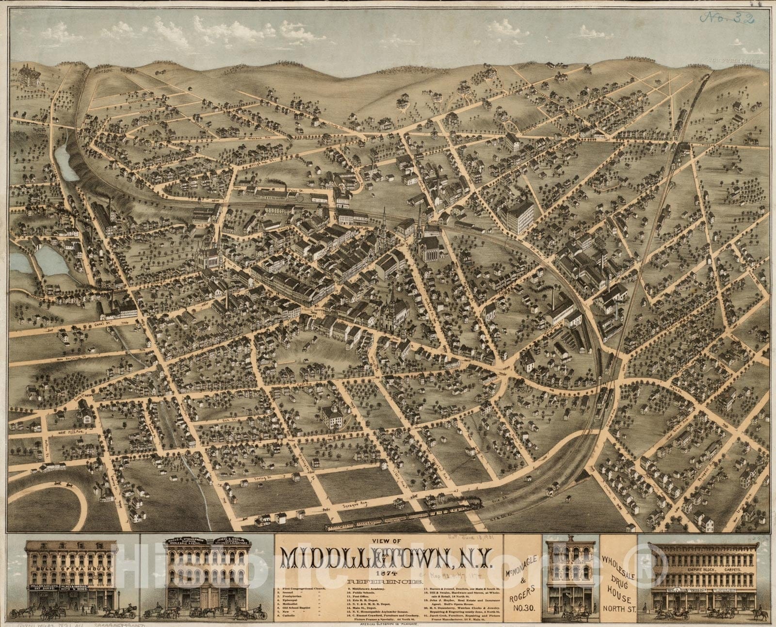 Historical Map, View of Middletown, N.Y : 1874, Vintage Wall Art