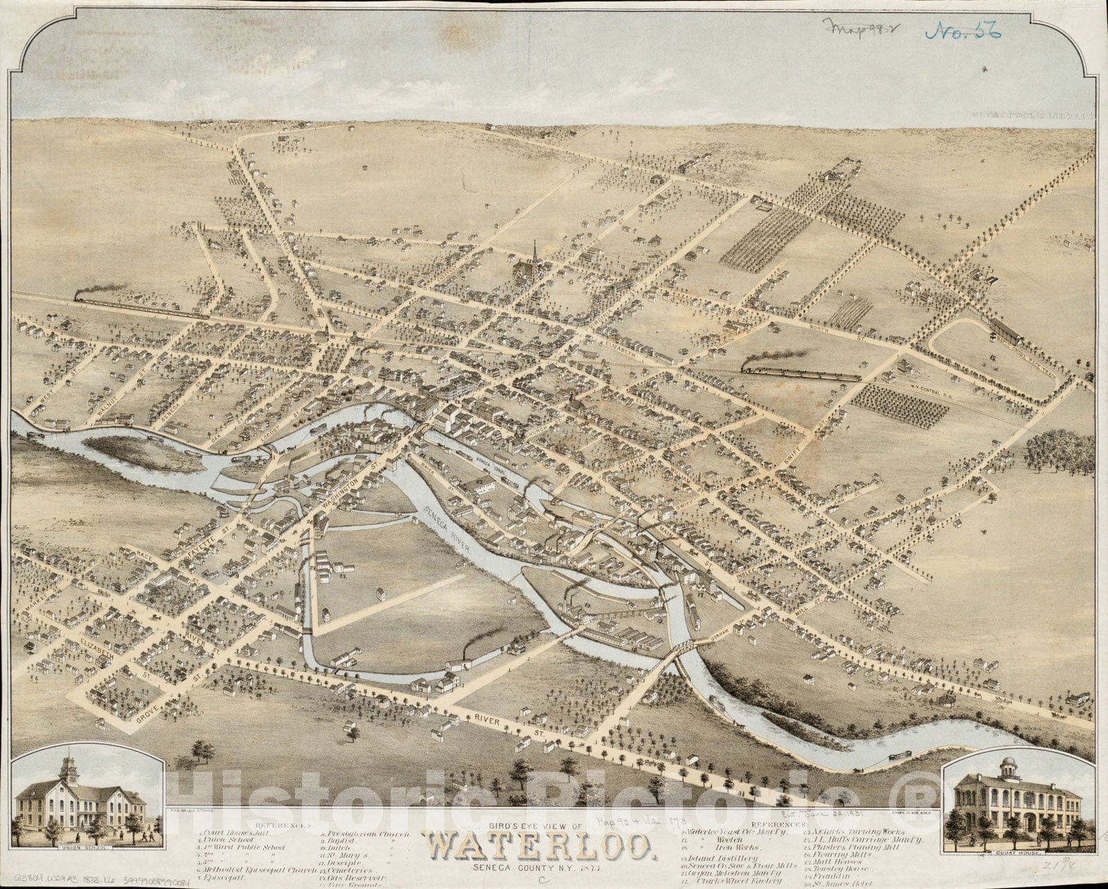 Historical Map, Bird's Eye View of Waterloo : Seneca County, N.Y, 1873, Vintage Wall Art